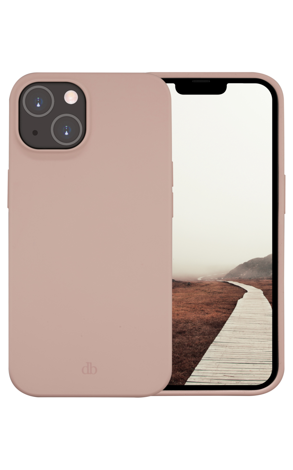 Una custodia rosa per telefono con un iPhone che mostra un sentiero di legno attraverso un campo. La custodia ha due fotocamere e il logo db.