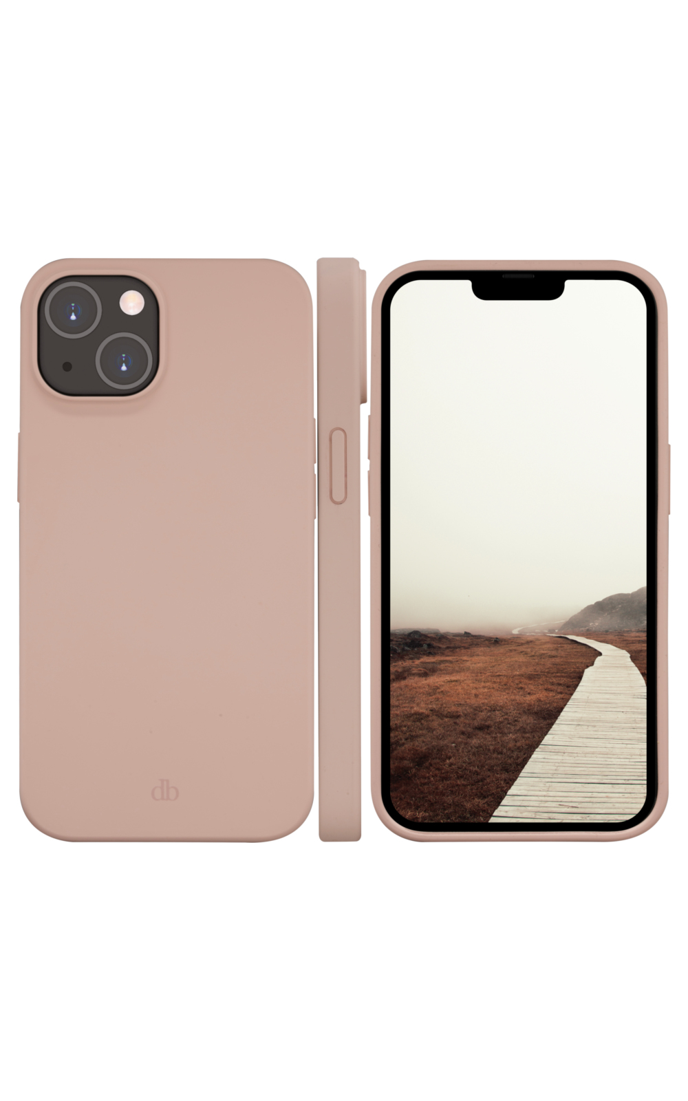 Tre viste di un telefono con custodia. È rosa chiaro, che mostra retro, lato e schermo con una scena di percorso.