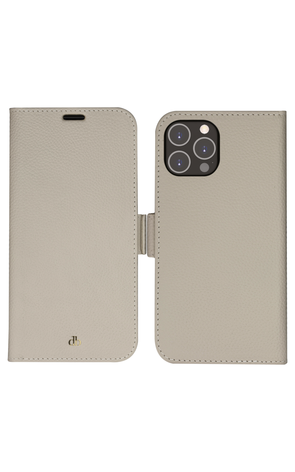 Una custodia per telefono in pelle grigio chiaro, aperta. È dotata di una copertura e di un retro con ritagli per la fotocamera. La copertura ha un logo e una chiusura magnetica.