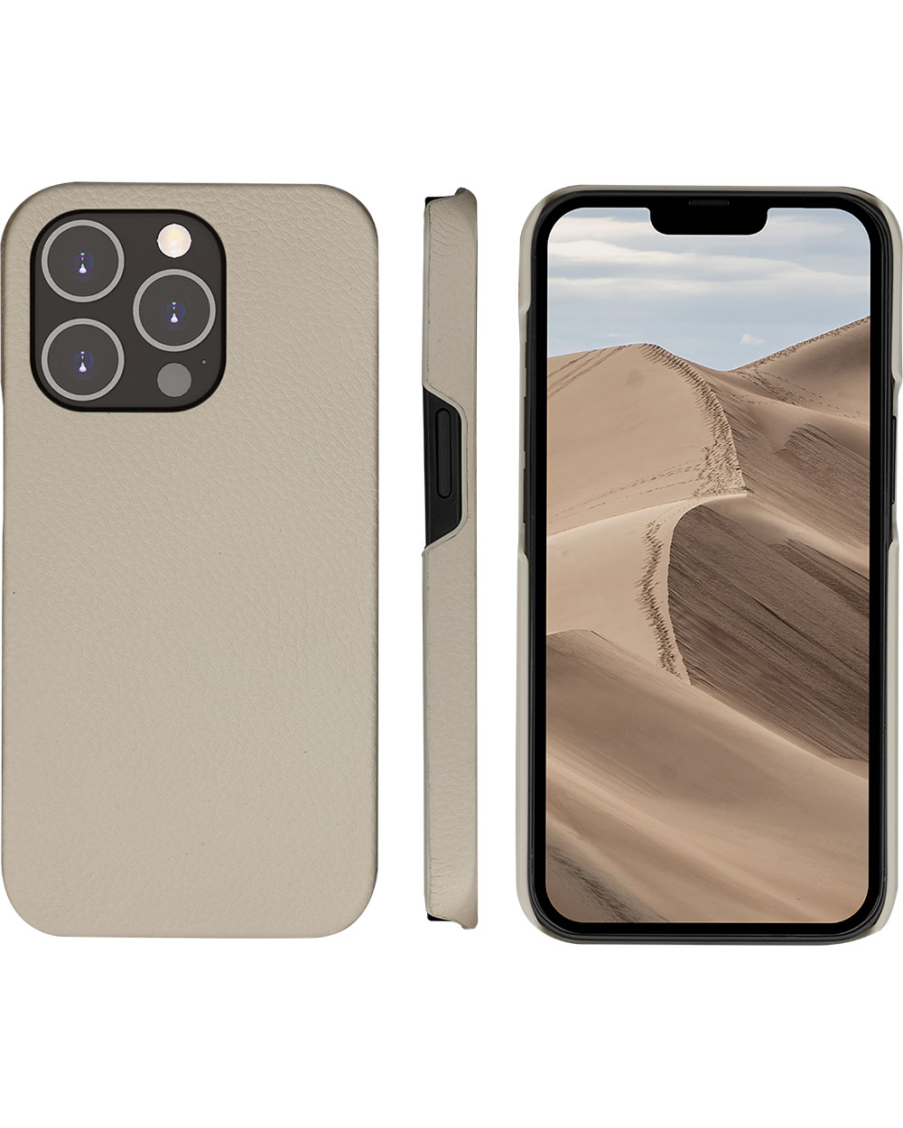 Tre viste di un telefono con custodia. Il telefono mostra una scena desertica. La custodia è beige chiaro.