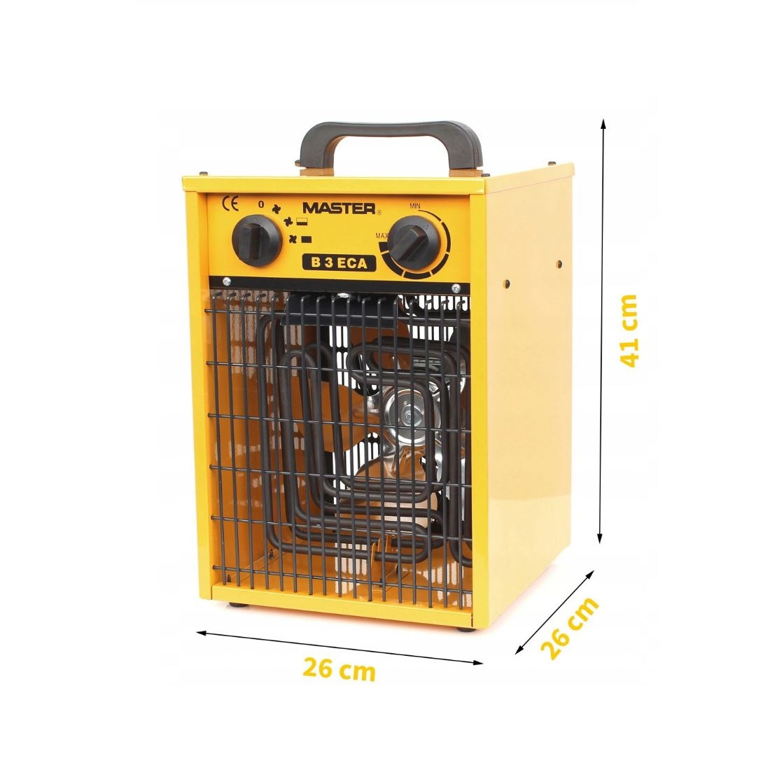 Gele Master B 3 ECA elektrische kachel. Het heeft een handvat, knoppen en een veiligheidsrooster. Afmetingen zijn 26x26x41cm.