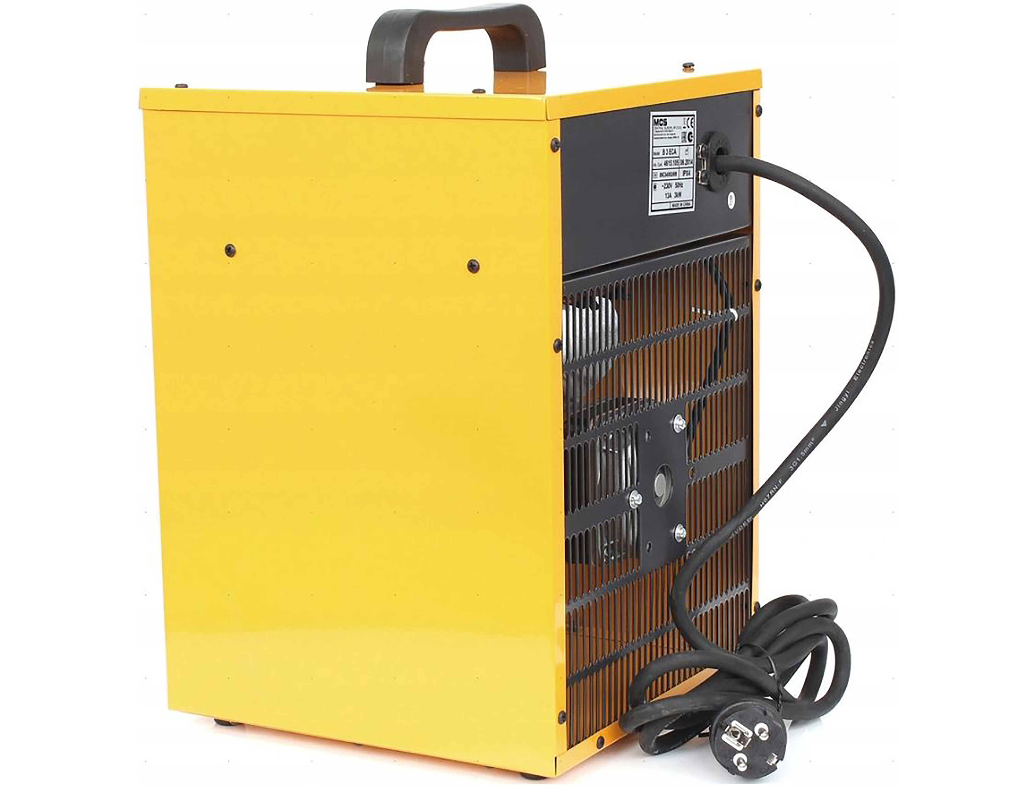 Een gele elektrische kachel met zwarte handgreep, netsnoer en stekker. De kachel staat op een witte ondergrond.