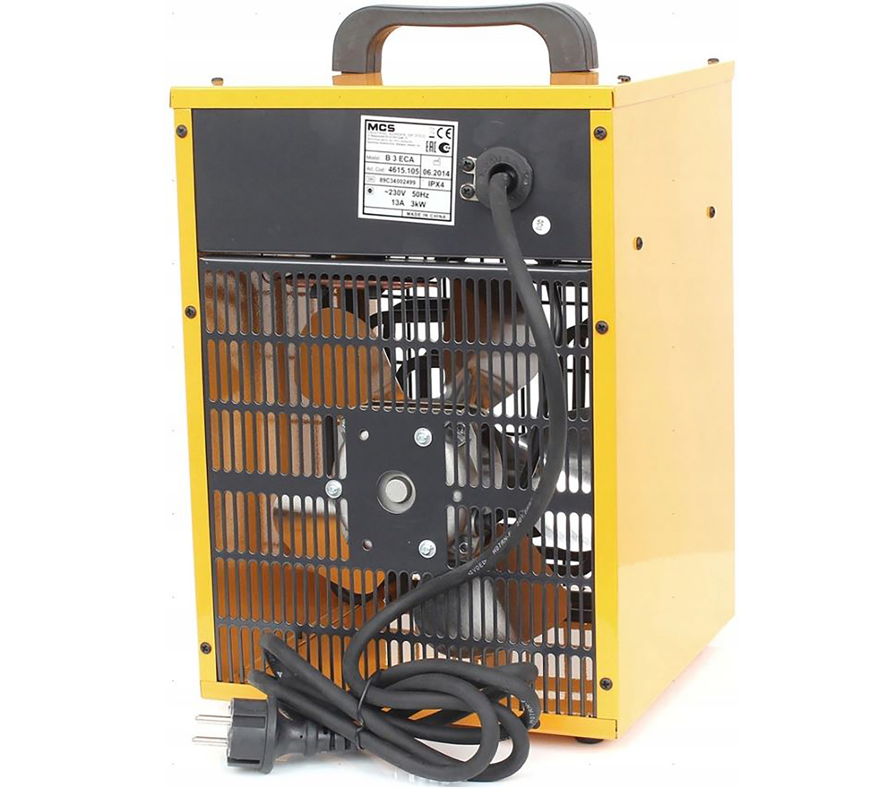Een geel en zwart elektrisch kacheltje wordt getoond. Het heeft een handvat, een ventilator en een netsnoer.
