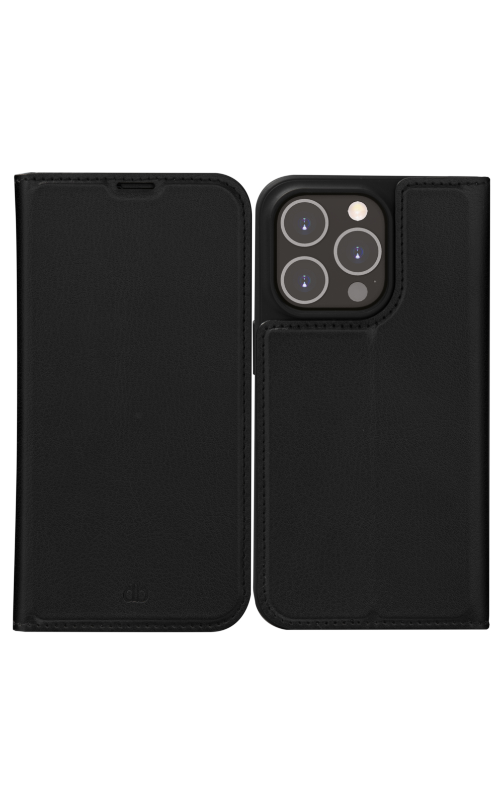 Custodia per telefono in pelle nera, aperta. Mostra le fotocamere del telefono. Il lato sinistro è chiuso. La custodia ha un logo 'db'.