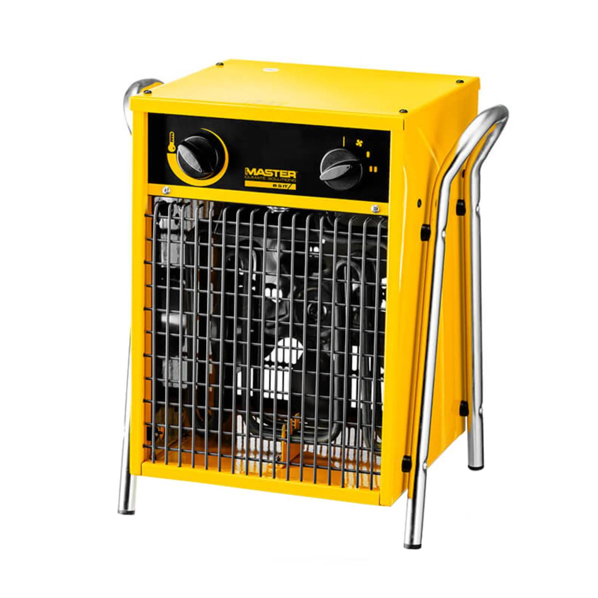 Een gele MASTER elektrische kachel met zwart bedieningspaneel en een beschermend metalen rooster. Het heeft een handvat en staat op metalen poten.