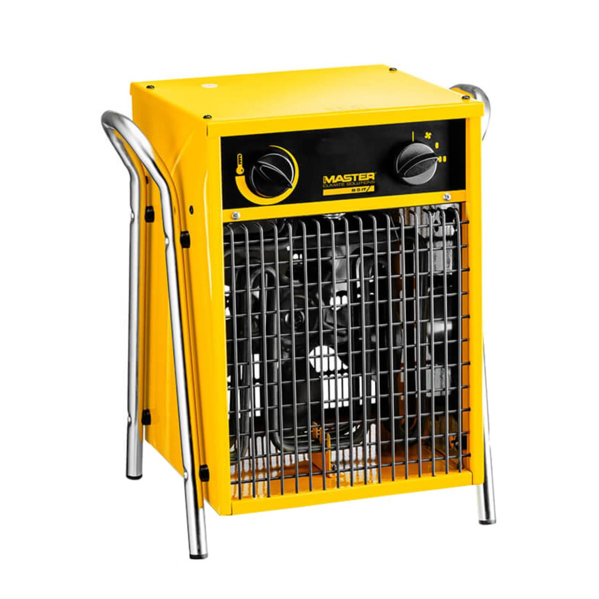 Een gele MASTER elektrische kachel met zwart bedieningspaneel en metalen rooster. Het heeft zilveren handgrepen en poten, tegen een witte achtergrond.