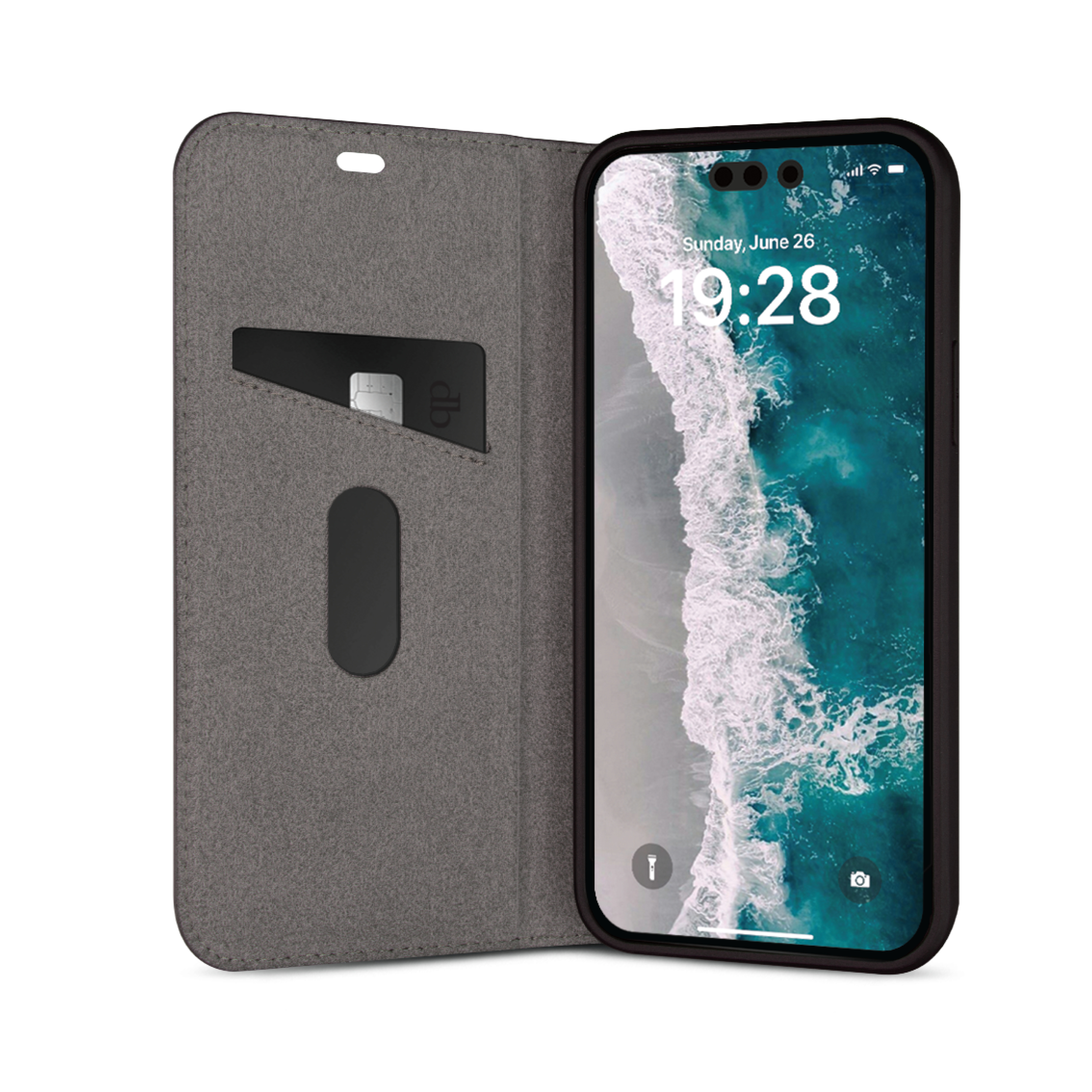 Un iPhone in una custodia grigia è mostrato aperto. Lo schermo mostra l'ora e uno sfondo di onde d'acqua.