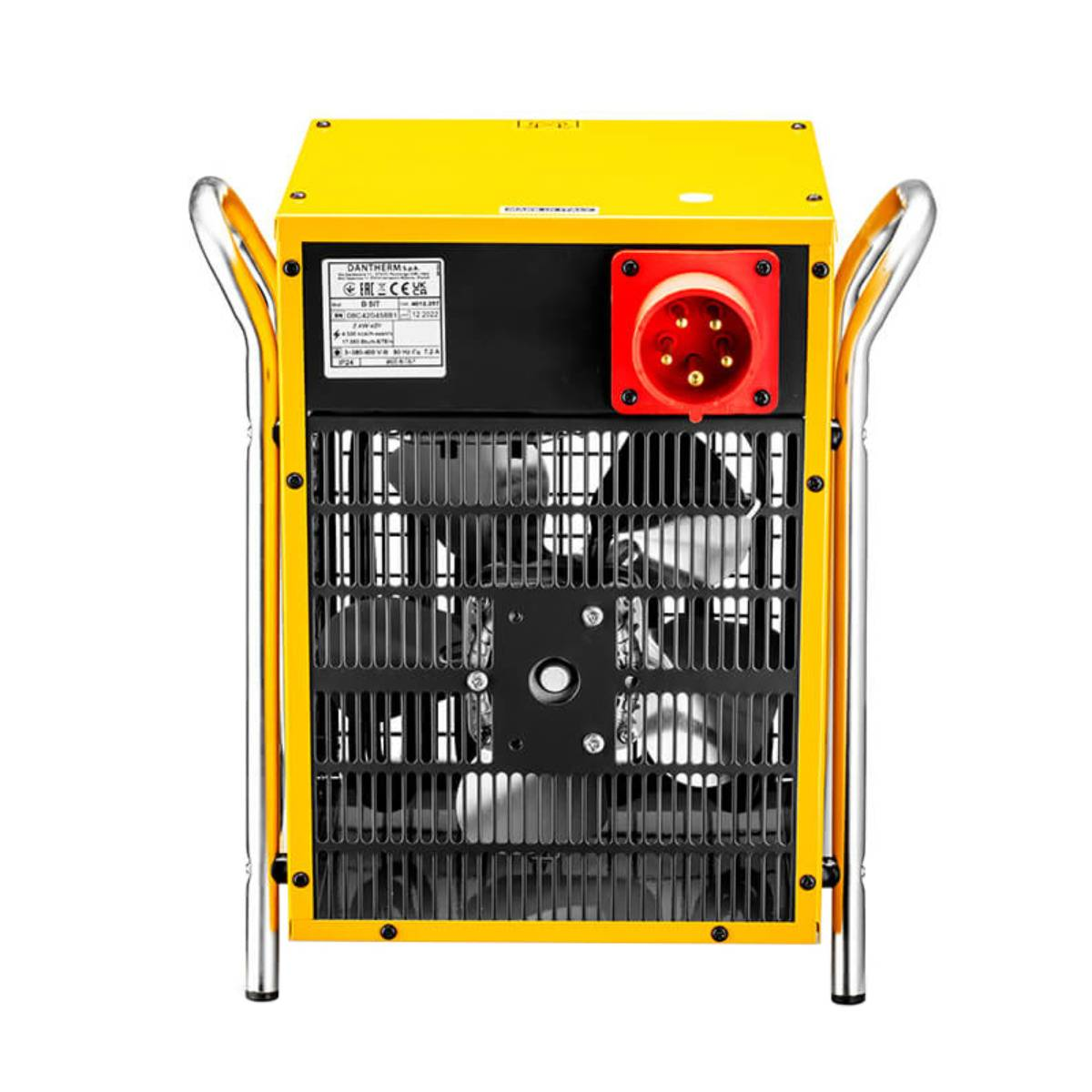 Een gele en zwarte industriële kachel. Het heeft een rood stopcontact en een metalen rooster dat de ventilatorbladen beschermt. Handvatten zitten bovenop.