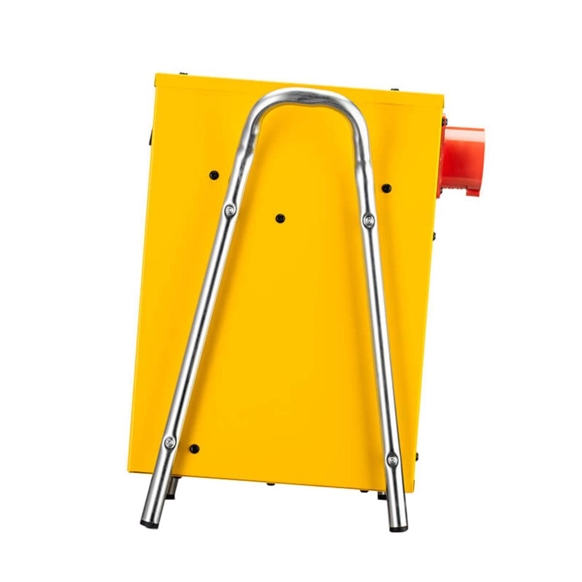 Een gele rechthoekige machine met een zilveren metalen standaard. Een rood cilindrisch deel bevindt zich aan de rechterkant. Zwarte stippen zijn zichtbaar.