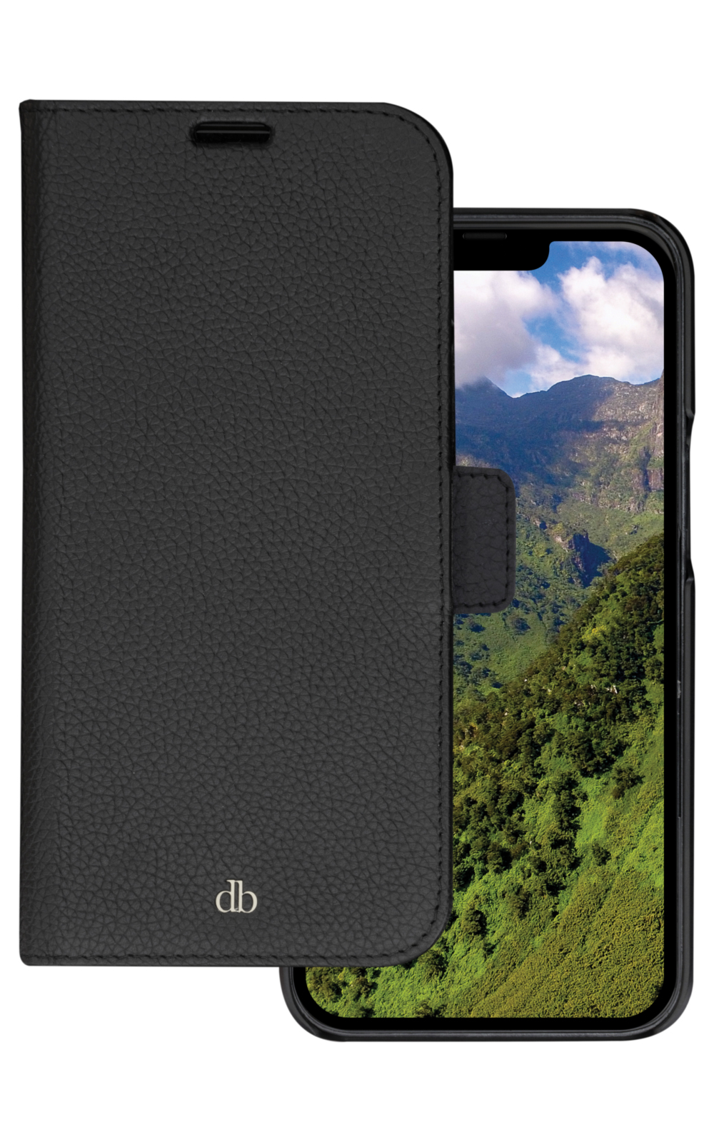 Custodia per telefono in pelle nera con un telefono che mostra un paesaggio montano. La custodia ha il logo 'db'.