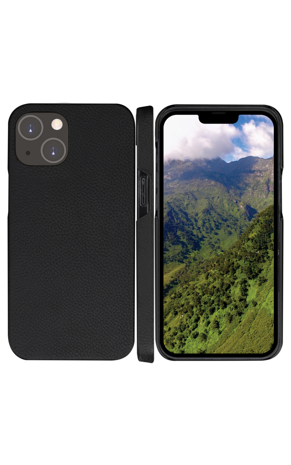 Custodia e telefono iPhone neri che mostrano un paesaggio montuoso. La custodia ha una finitura strutturata. Il telefono mostra colline verdi e cielo blu.