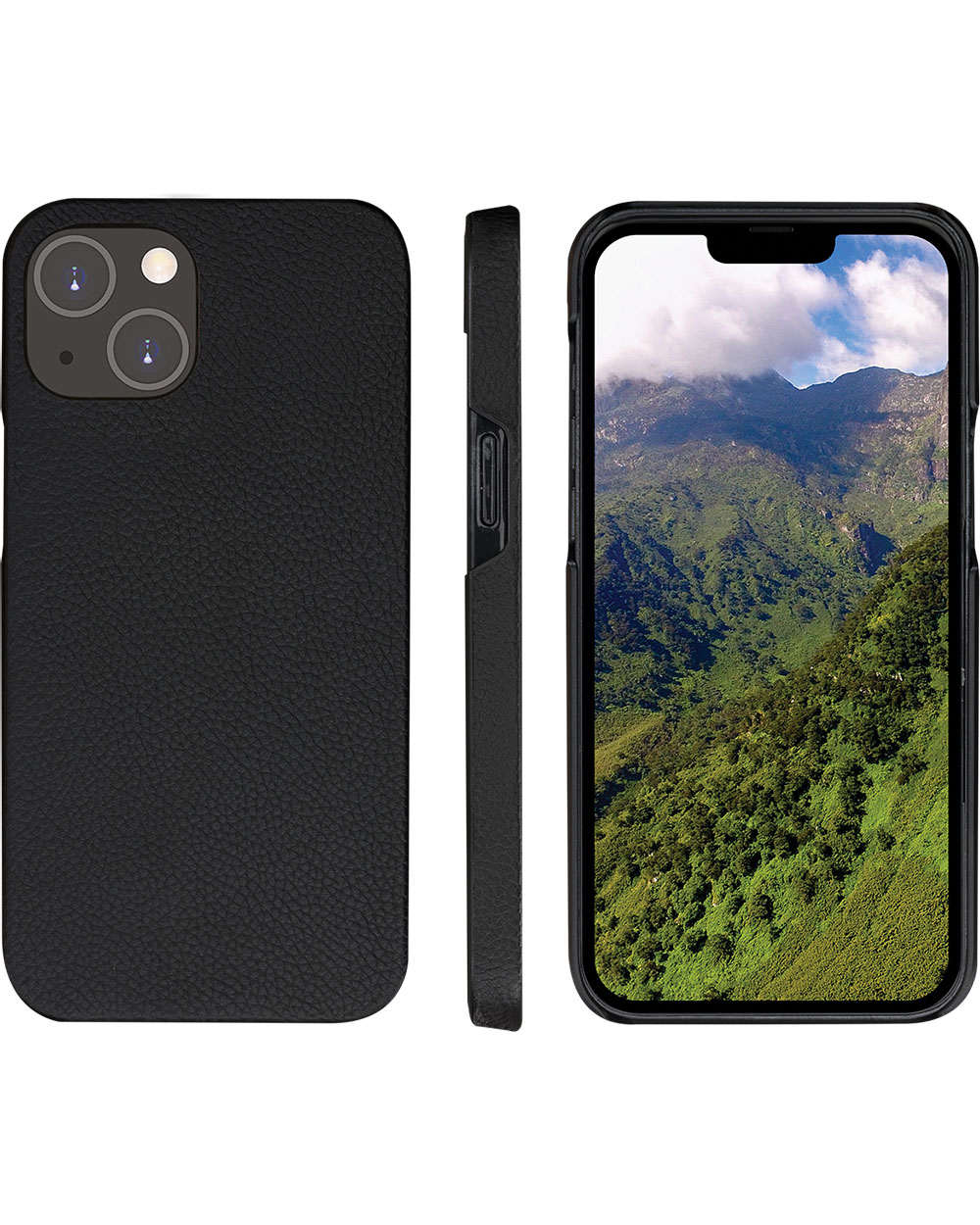 Custodia per telefono nera con un paesaggio montano sullo schermo. La custodia è mostrata da diverse angolazioni.