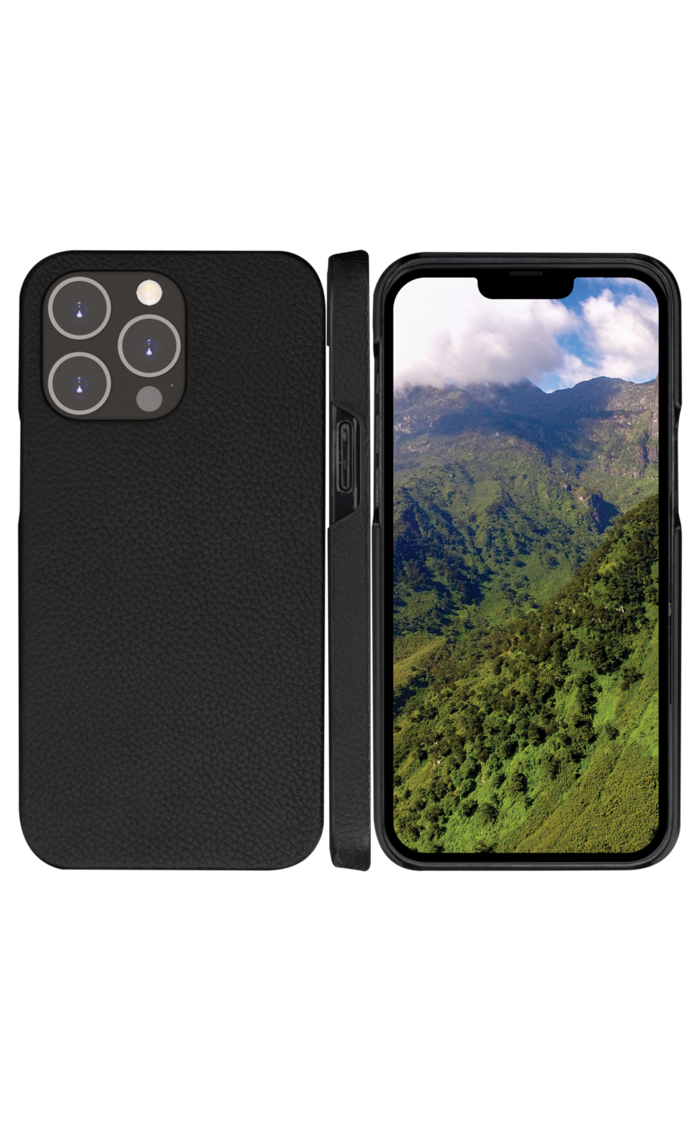 iPhone nero in custodia nera. Il display mostra montagne verdi e cielo nuvoloso.