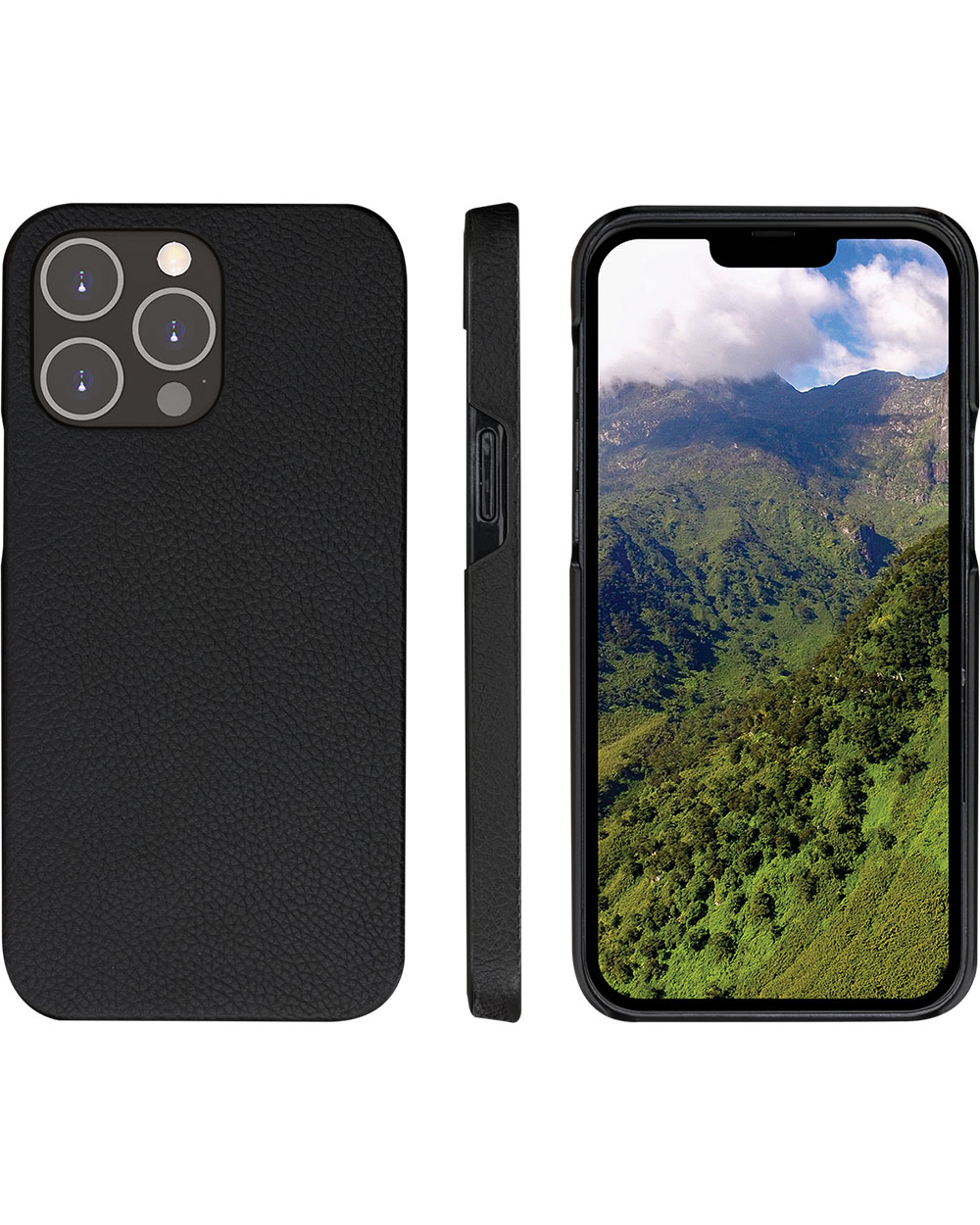 Custodia nera per iPhone con tre viste: frontale, laterale e schermo che mostra un paesaggio di montagna verde.