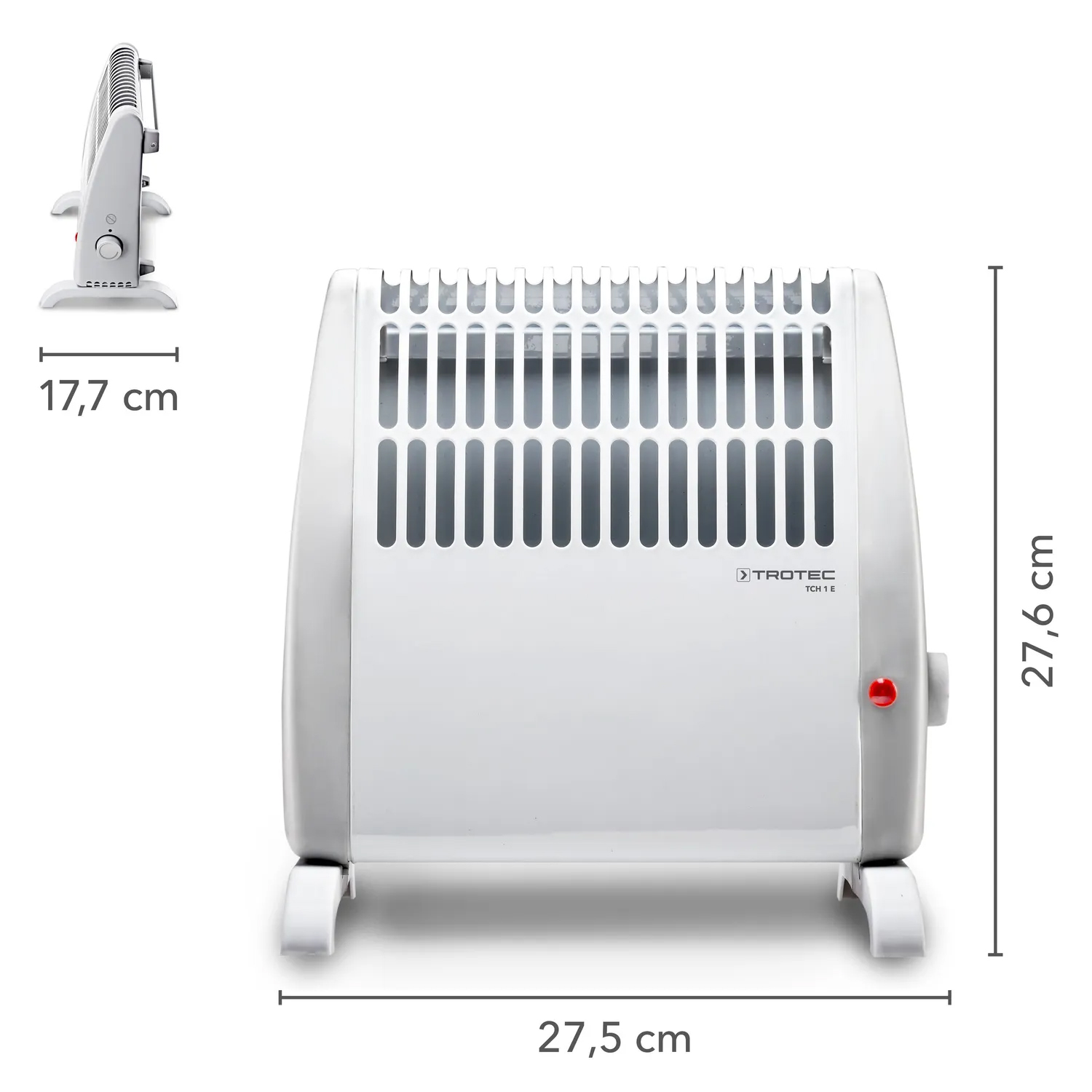 Een witte elektrische kachel met afmetingen. Het heeft een rooster, een rode knop en de merknaam Trotec.