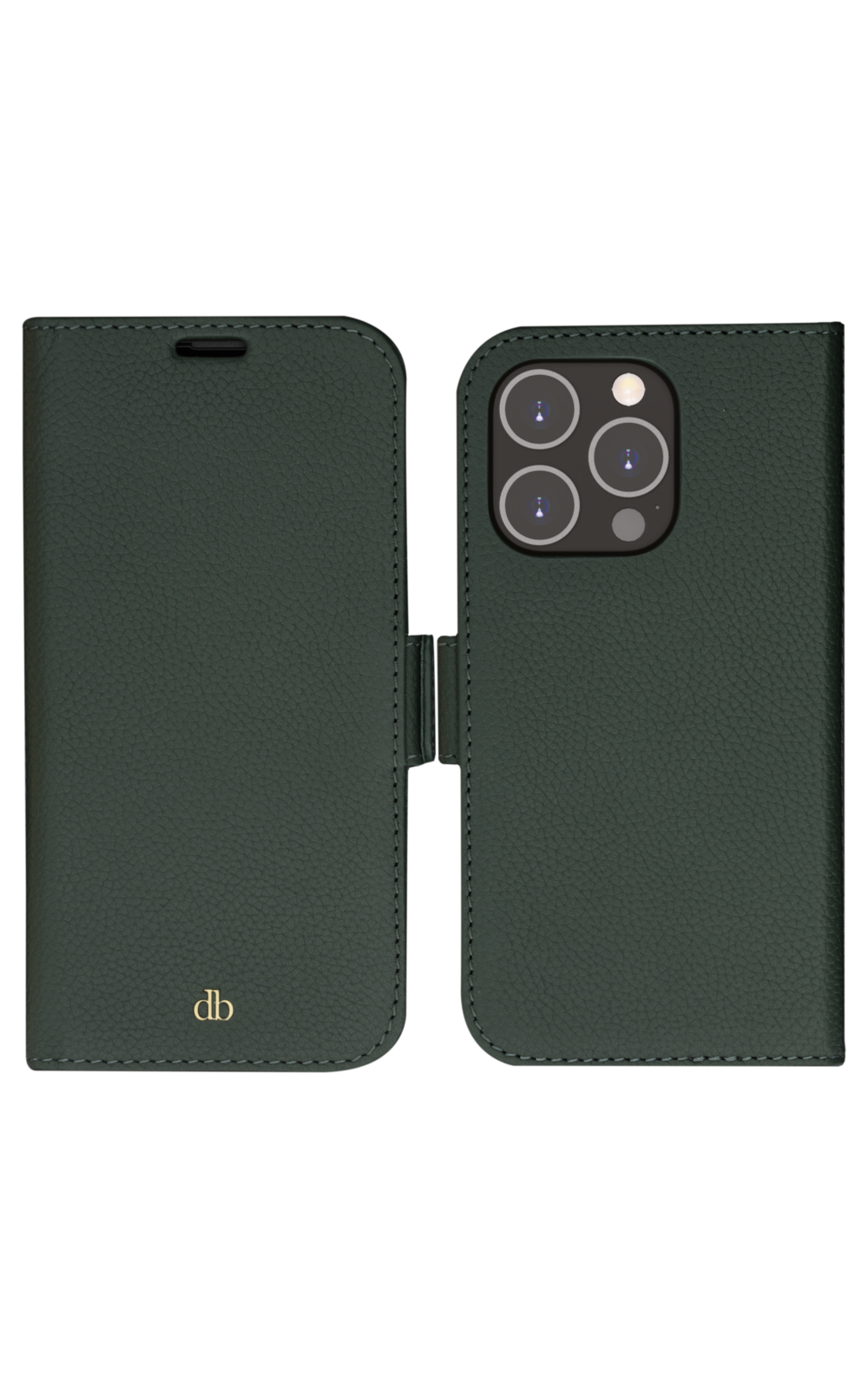 Custodia per telefono in pelle verde aperta. Ha un ritaglio per la fotocamera e un fermaglio. Il lato sinistro ha un logo 'db'.