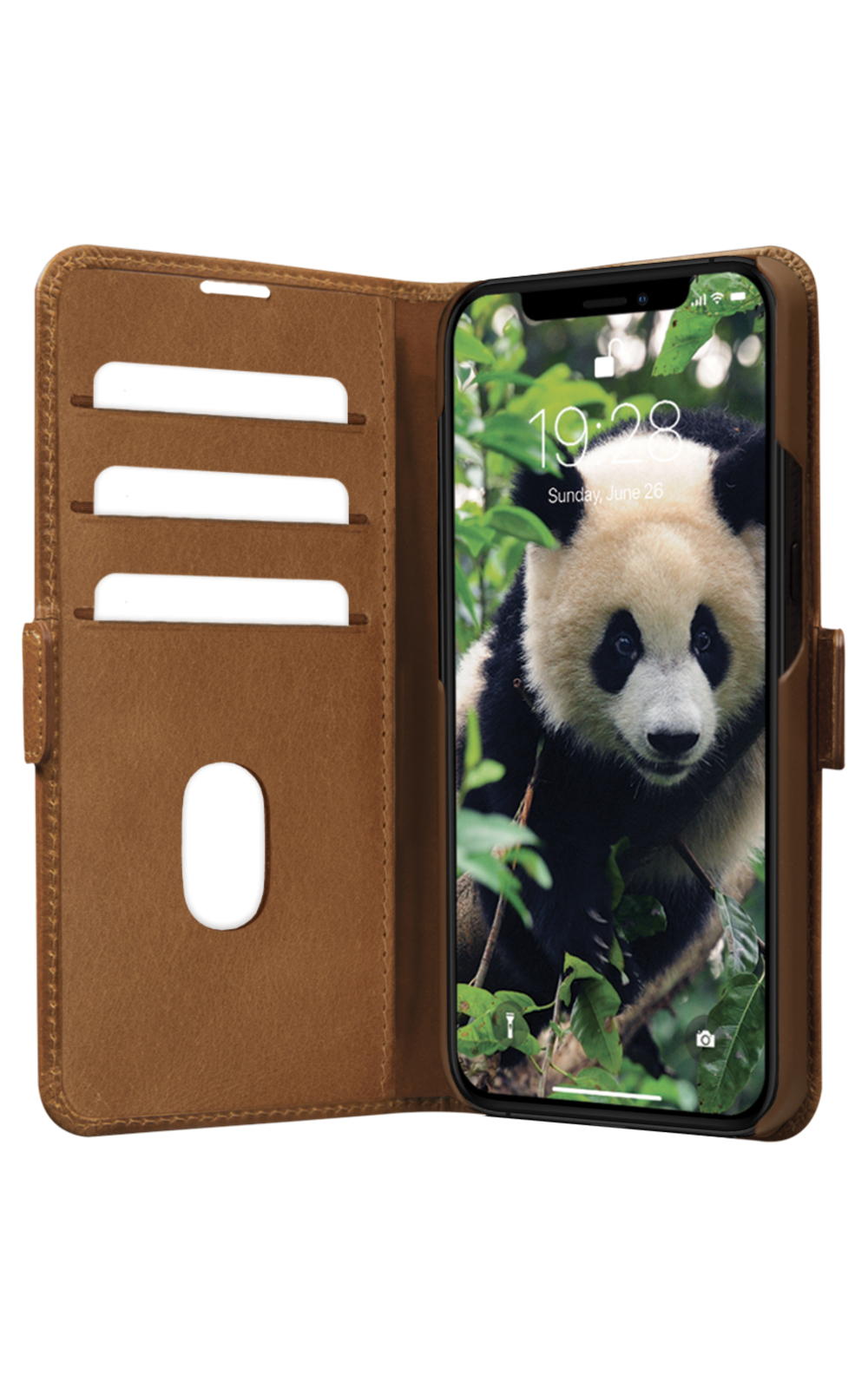 Una custodia per telefono in pelle marrone con un telefono che mostra un panda in un ambiente forestale.