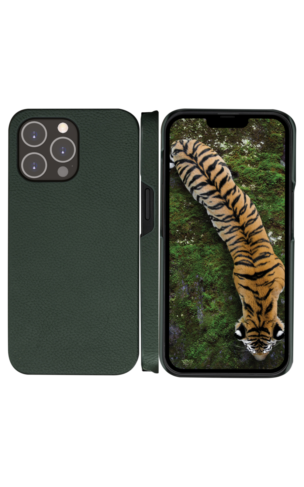 Custodia verde con immagine di tigre sullo schermo. Il telefono è verde. La testa della tigre è in basso.