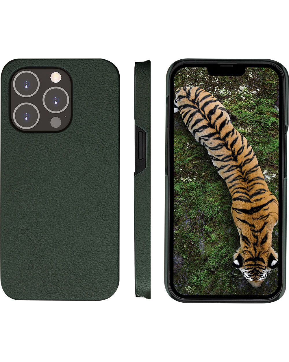 Tre viste di un telefono: custodia, lato e schermo. Lo schermo mostra una tigre sul muschio. La custodia è verde.