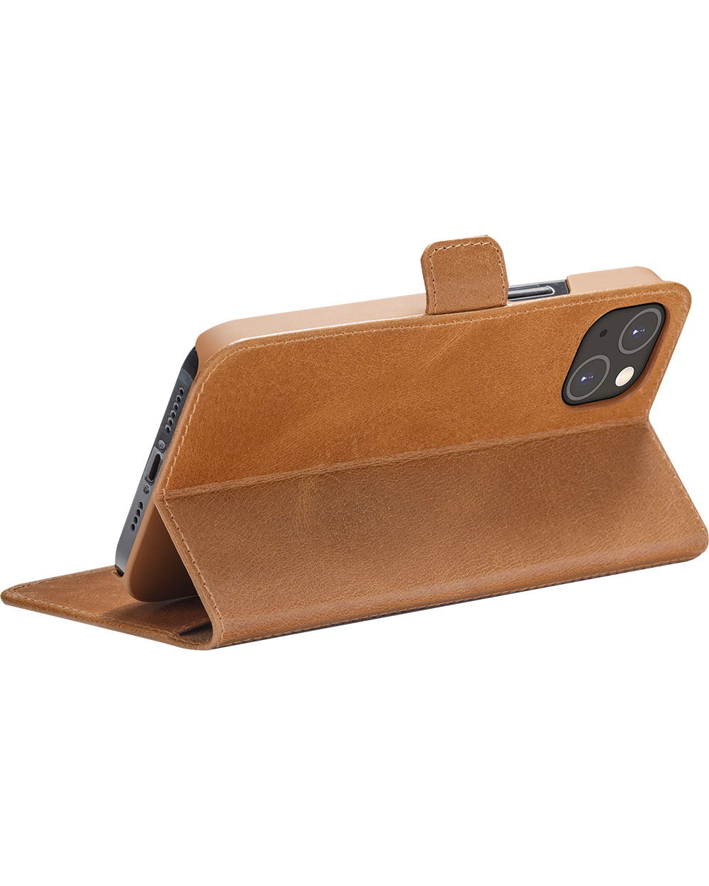 Una custodia in pelle marrone aperta tiene un telefono. La custodia è su una superficie bianca, design minimalista.