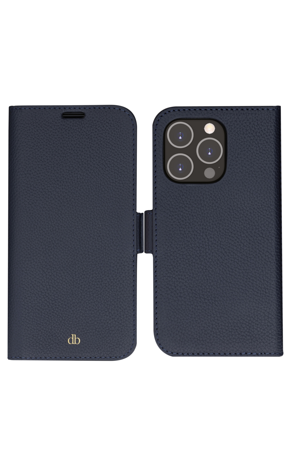 Custodia per telefono in pelle blu navy, aperta. Ha un ritaglio per la fotocamera, una chiusura magnetica e le iniziali 'db'.