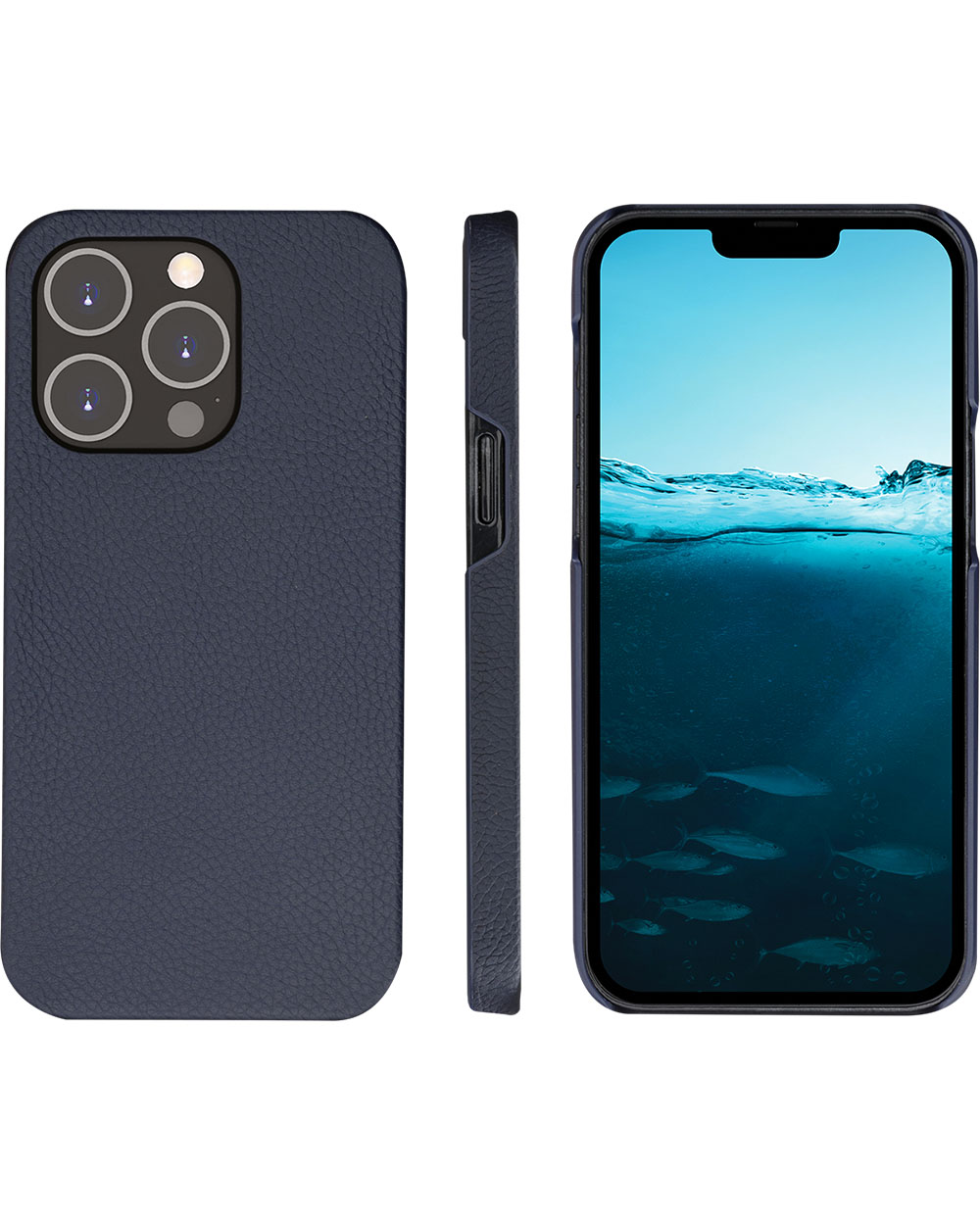 Tre viste di una custodia blu navy per telefono. Una mostra il retro con le fotocamere, un'altra il lato e l'ultima il telefono con una scena subacquea.