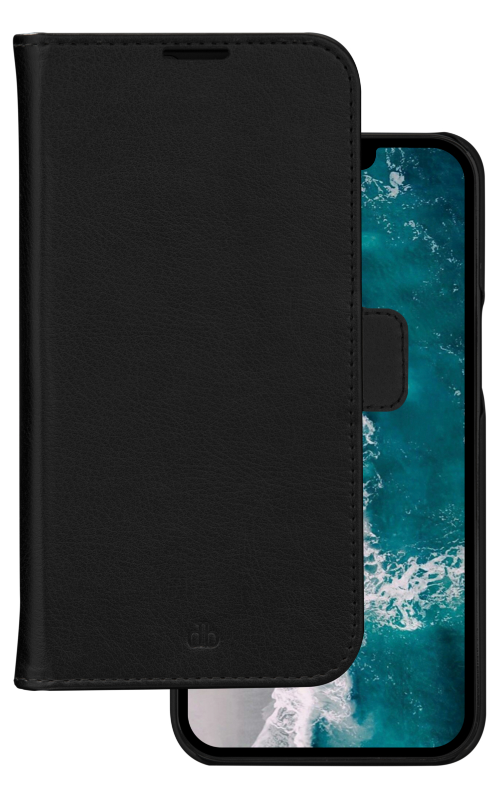 Custodia per telefono in pelle nera con telefono all'interno. Lo schermo mostra una scena oceanica blu.
