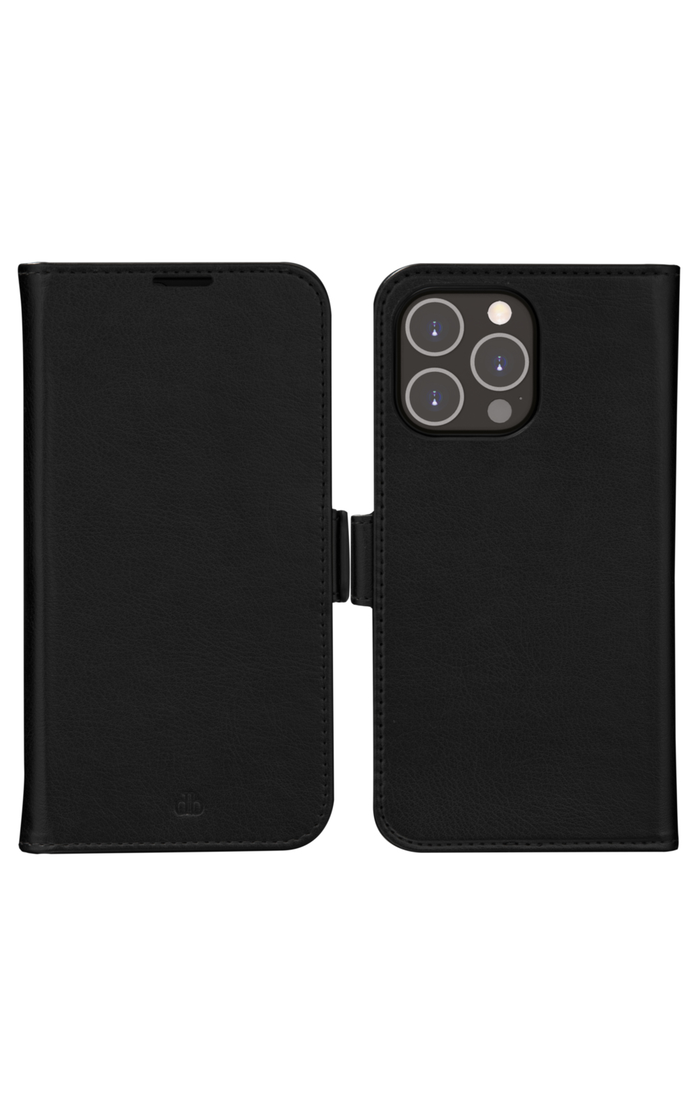 Custodia per telefono nera aperta. Il lato destro ha la fotocamera. Il lato sinistro ha un logo. La custodia è in pelle.