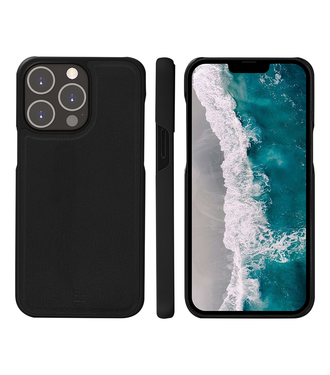 Tre viste di un telefono nero con custodia. Una vista mostra il retro, un'altra il lato e la terza lo schermo con un'immagine dell'oceano.