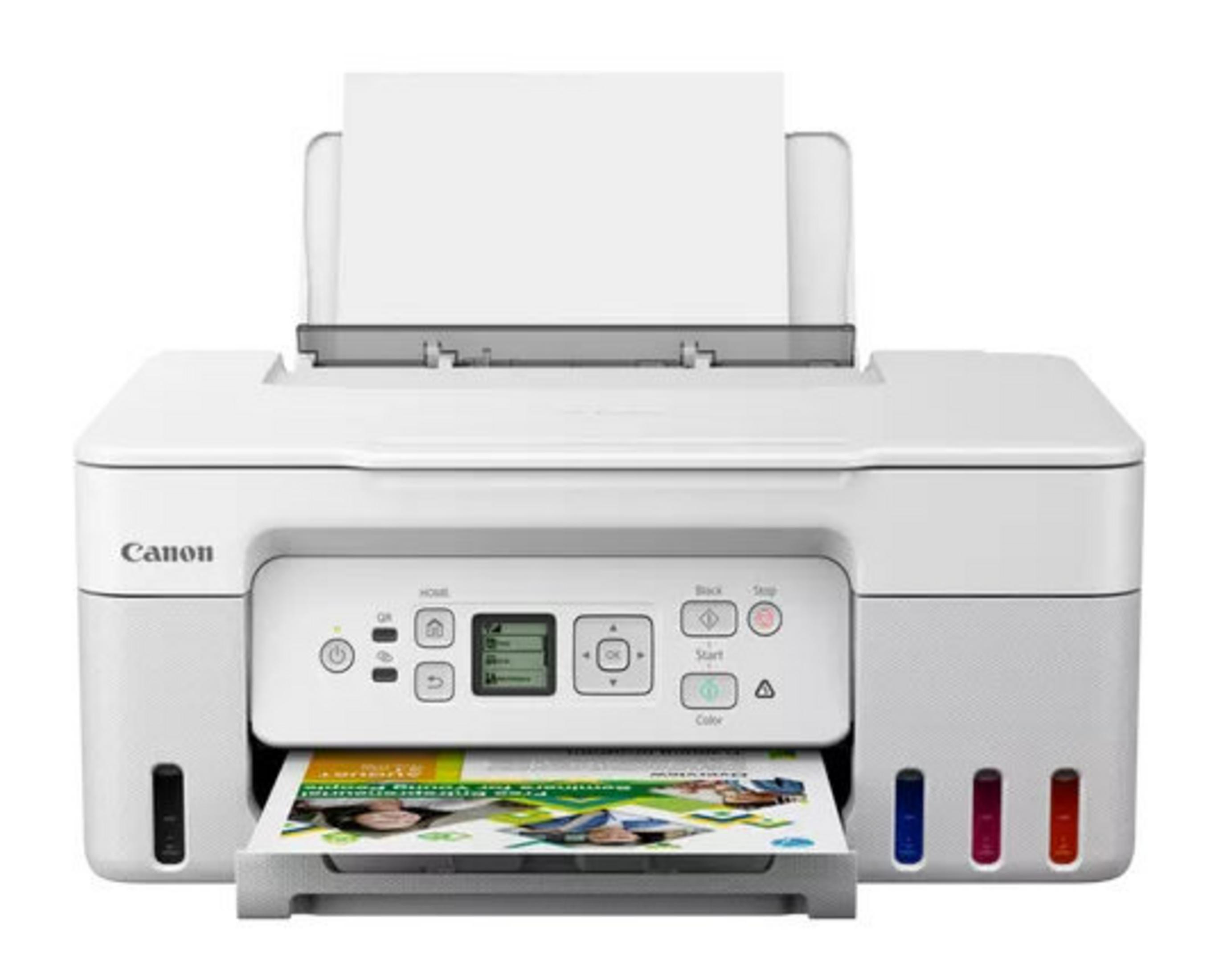 White Canon printer with paper output. A printed document is in the output tray. Control panel with buttons.