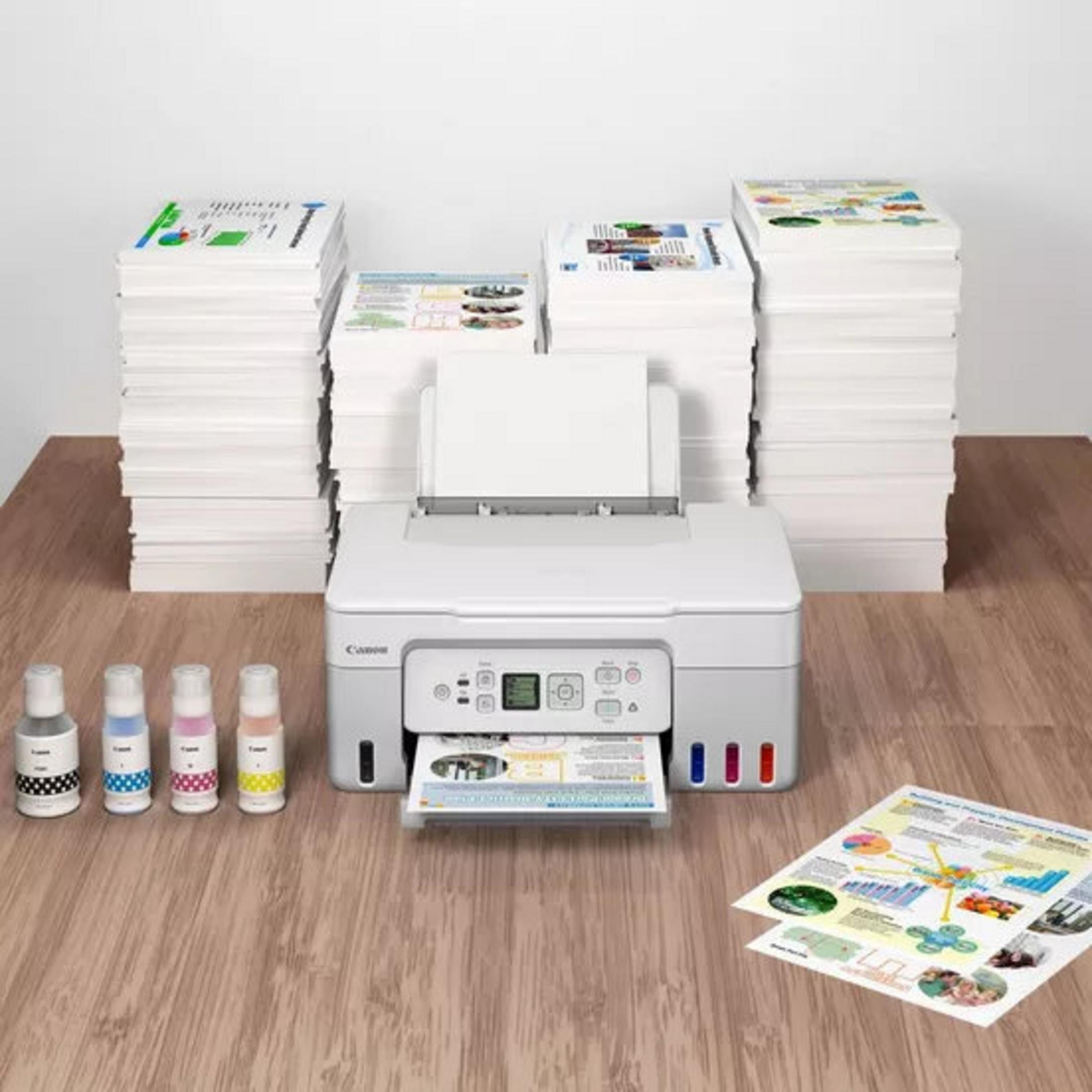 A Canon printer with paper stacks and ink bottles on a wooden table. A printed document lies in front of it.