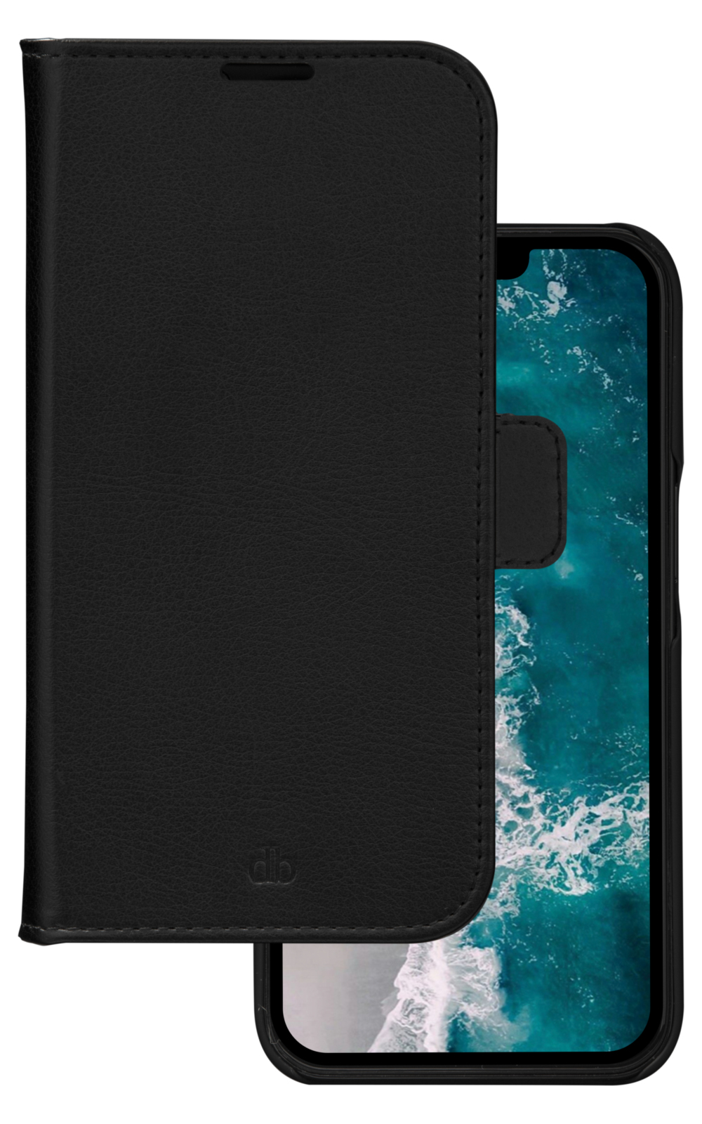 Custodia per telefono in pelle nera con telefono all'interno. Lo schermo mostra un oceano turchese. La custodia ha una chiusura magnetica.
