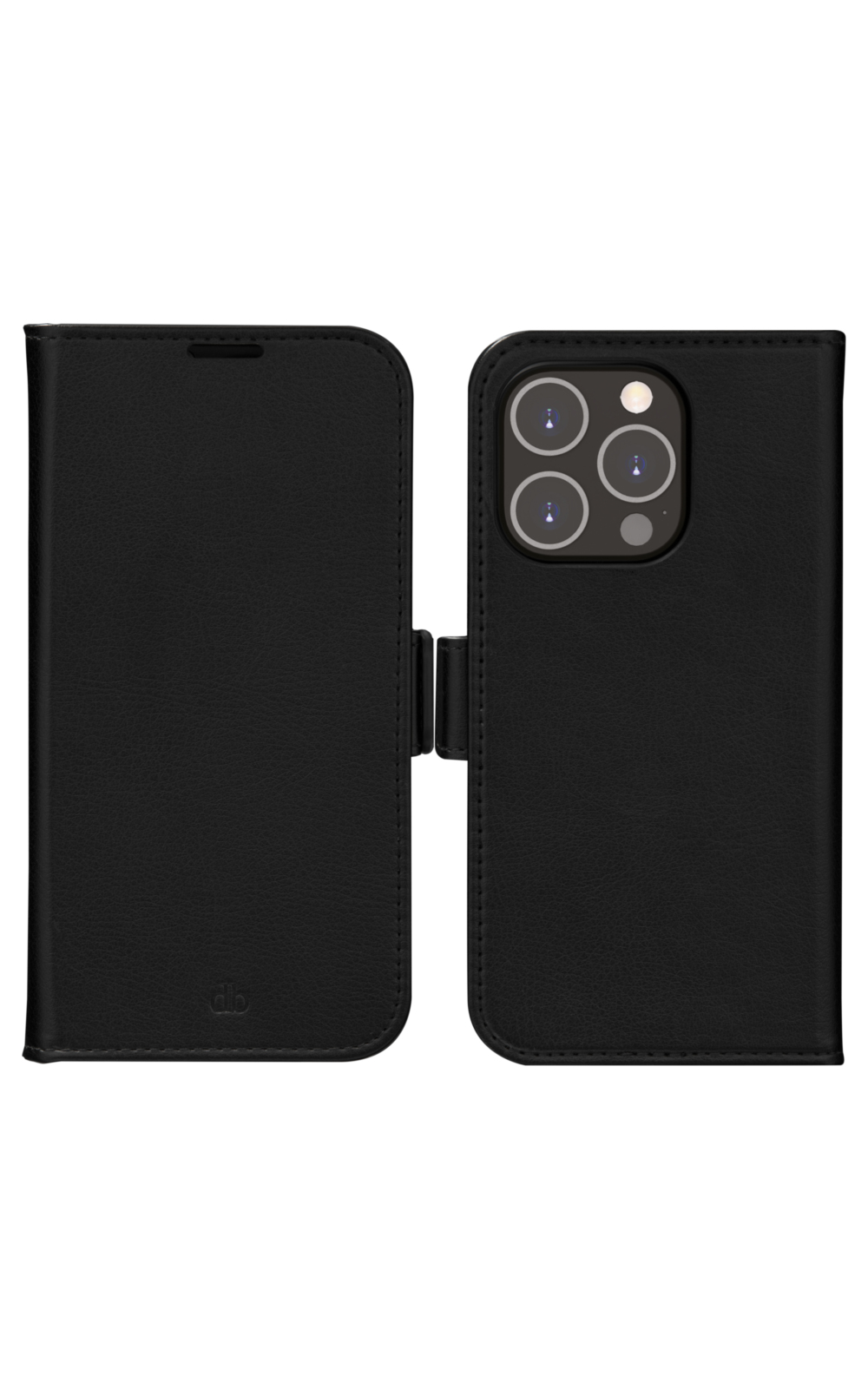 Custodia per telefono in pelle nera, aperta. Il lato sinistro è la cover, il lato destro è il supporto per il telefono. Primo piano dell'area della fotocamera.