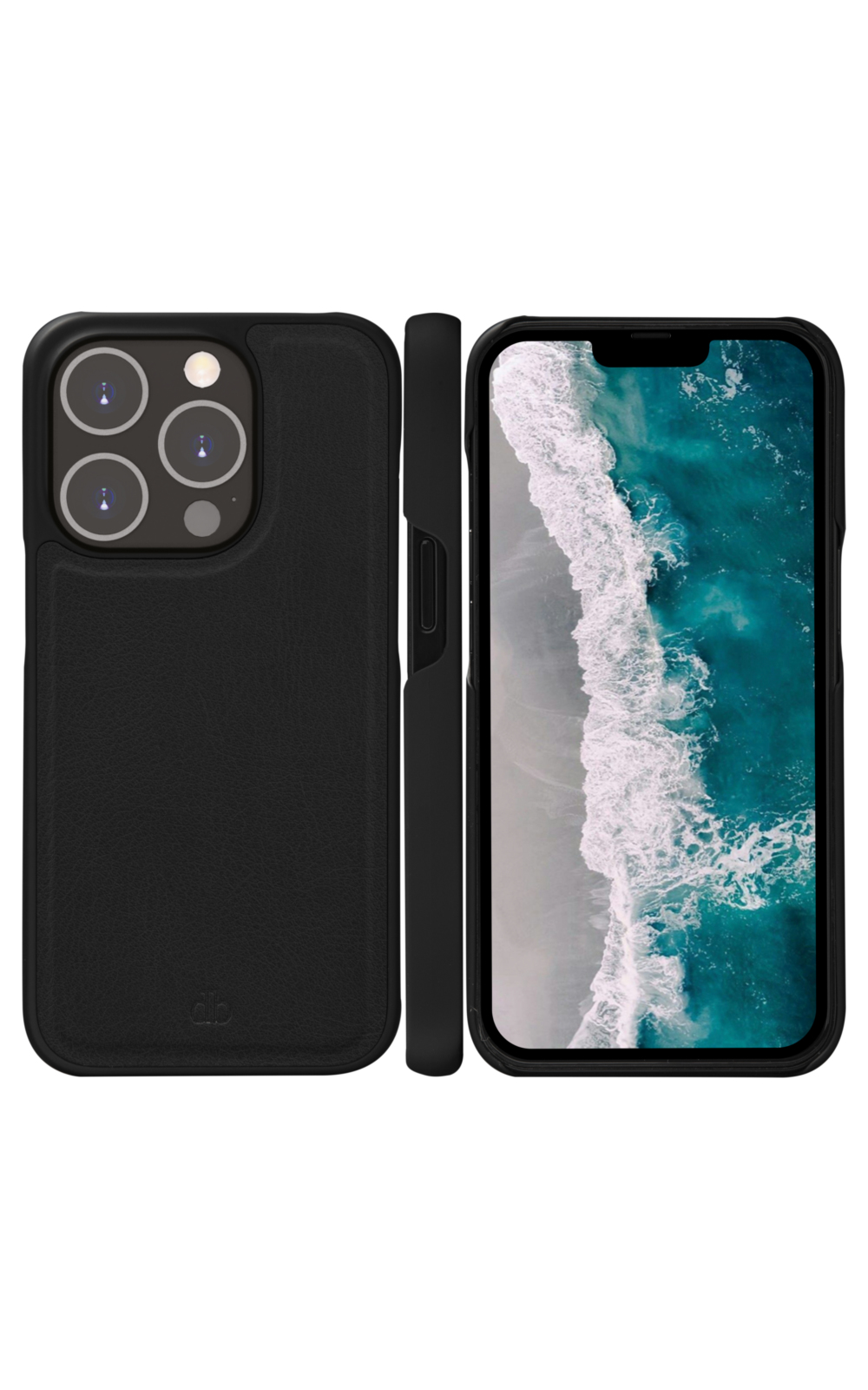 iPhone nero con custodia in pelle, mostra retro, lato e schermo con scena spiaggia.