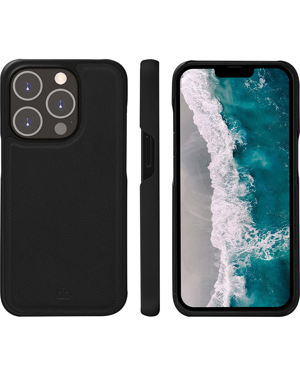 Tre viste di una custodia nera con un iPhone all'interno. Lo schermo dell'iPhone mostra una scena oceanica. La custodia è in pelle.