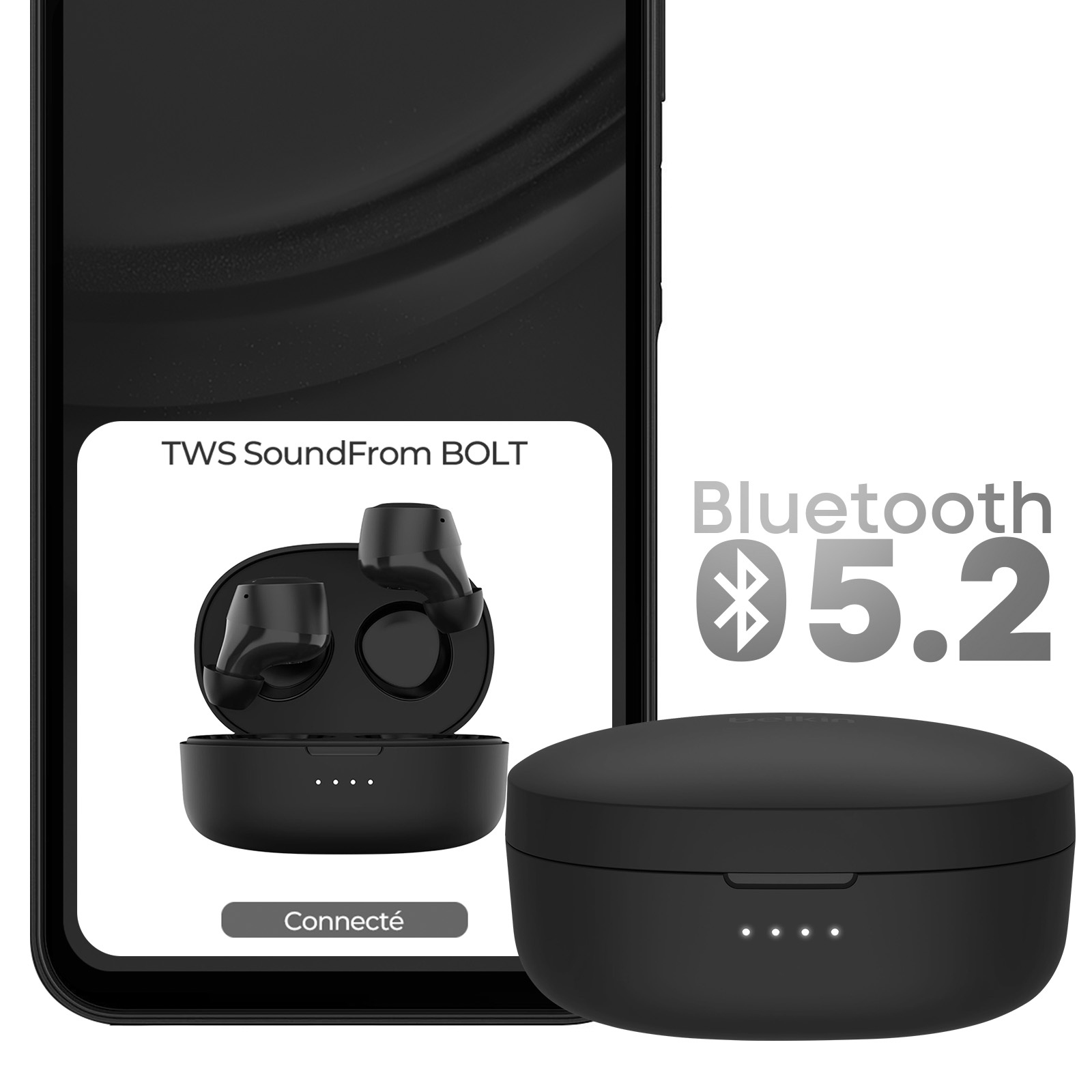 Zdjęcie przedstawia czarne słuchawki TWS z etui, połączone z telefonem. Widoczne jest logo Bluetooth 5.2.