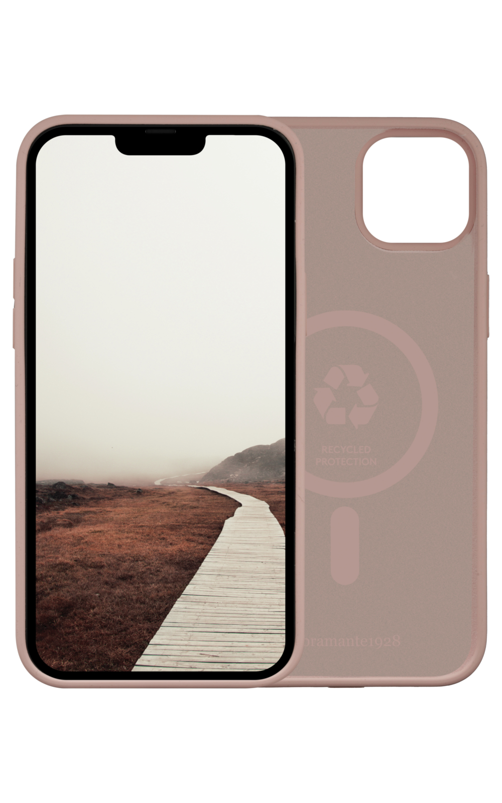 Un telefono in una custodia mostra un sentiero in legno attraverso un campo. La custodia è rosa con un logo di riciclo.
