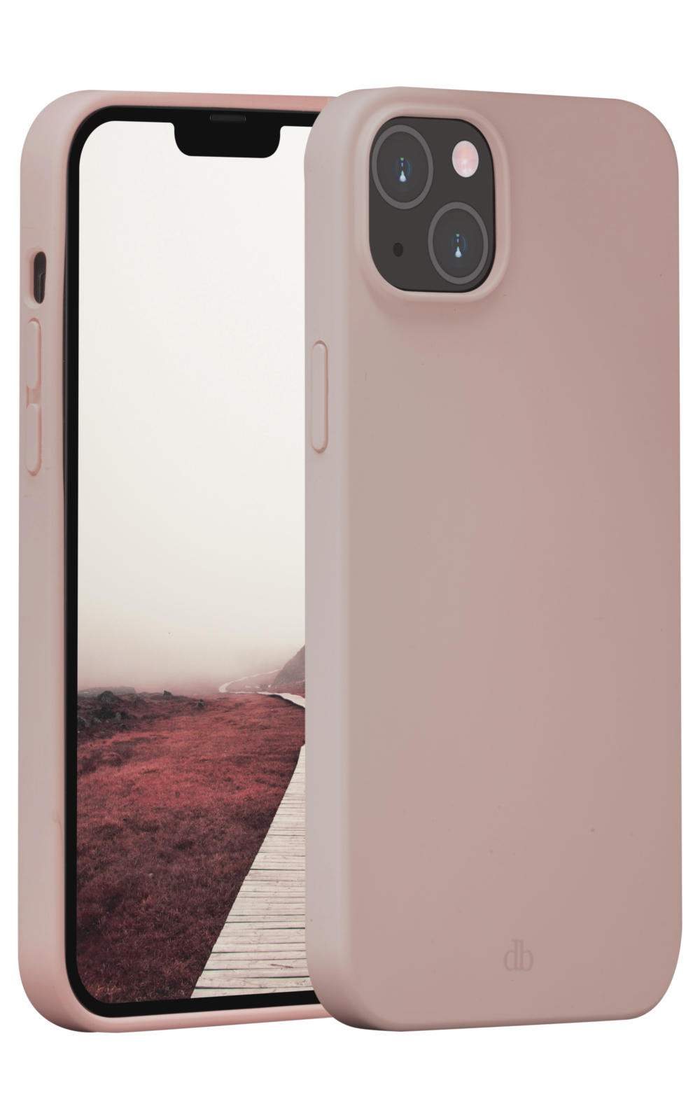 Un telefono rosa con custodia è in mostra. Lo schermo mostra un paesaggio con un sentiero di legno, erba rossa e cielo velato.