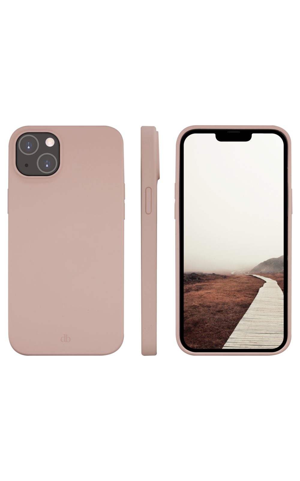 Tre viste di un telefono con custodia rosa. Lo schermo mostra un sentiero di legno in un paesaggio nebbioso.