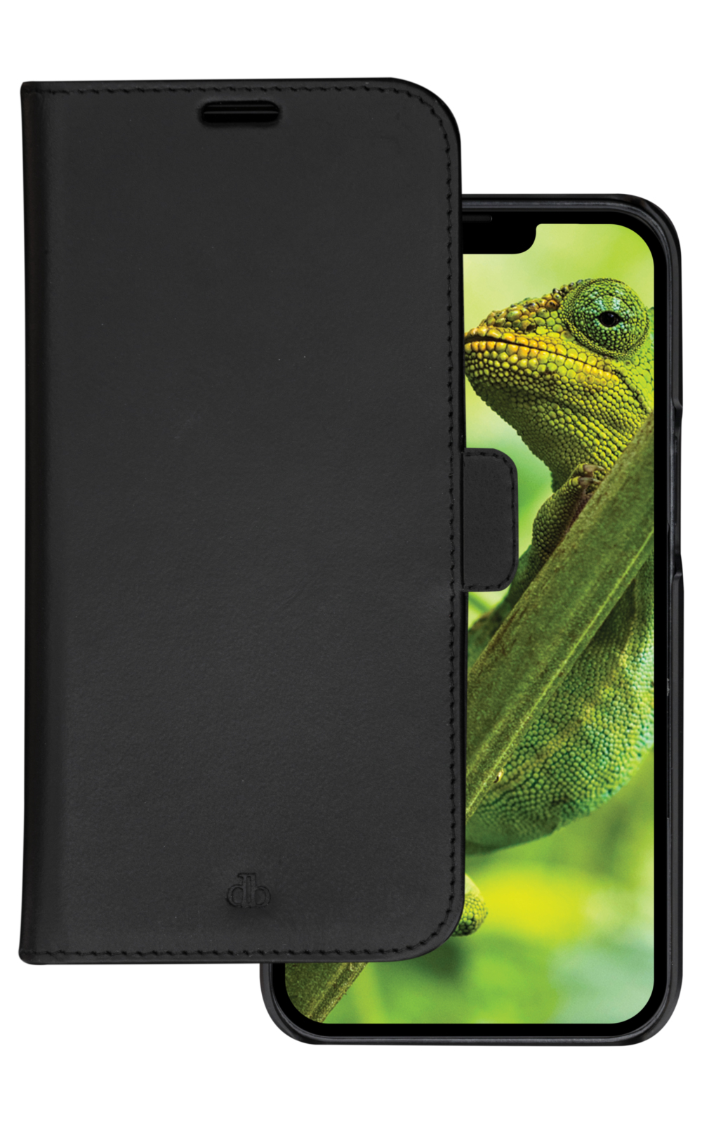 Custodia per telefono nera con schermo che mostra un camaleonte verde. La custodia è aperta, rivelando il telefono e uno sfondo naturale.
