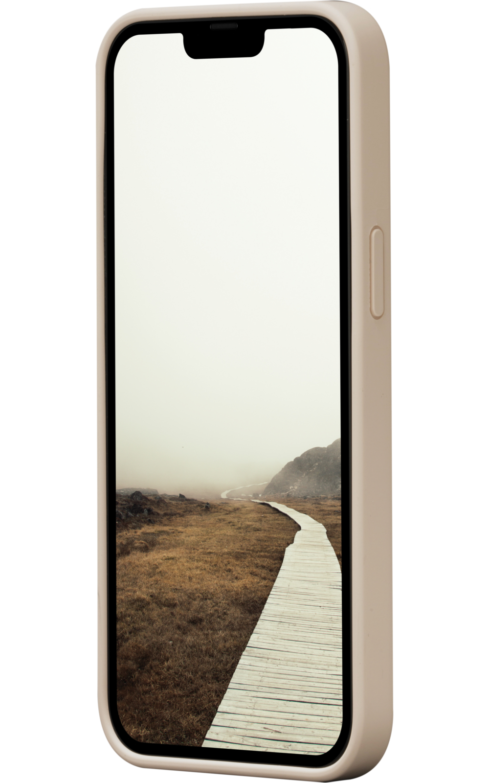 Un telefono che mostra una scena paesaggistica: un sentiero di legno attraverso un campo, che conduce a una montagna, oscurata dalla nebbia.