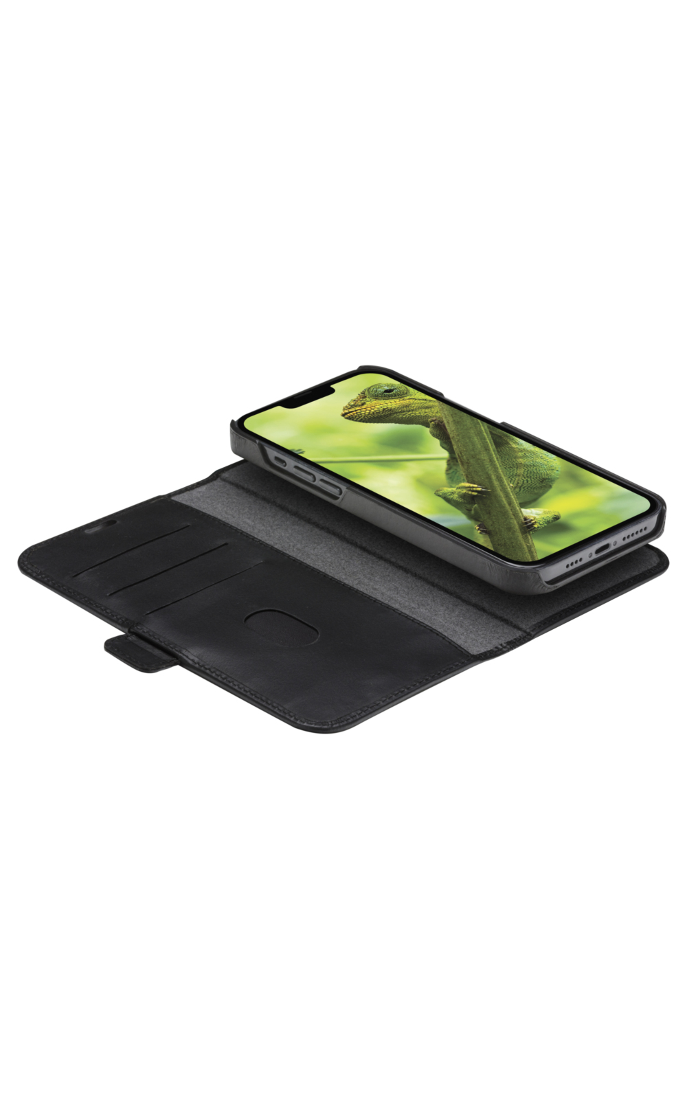 Uno smartphone in una custodia nera mostra un camaleonte verde. Il telefono poggia su un portafoglio in pelle nera aperto.