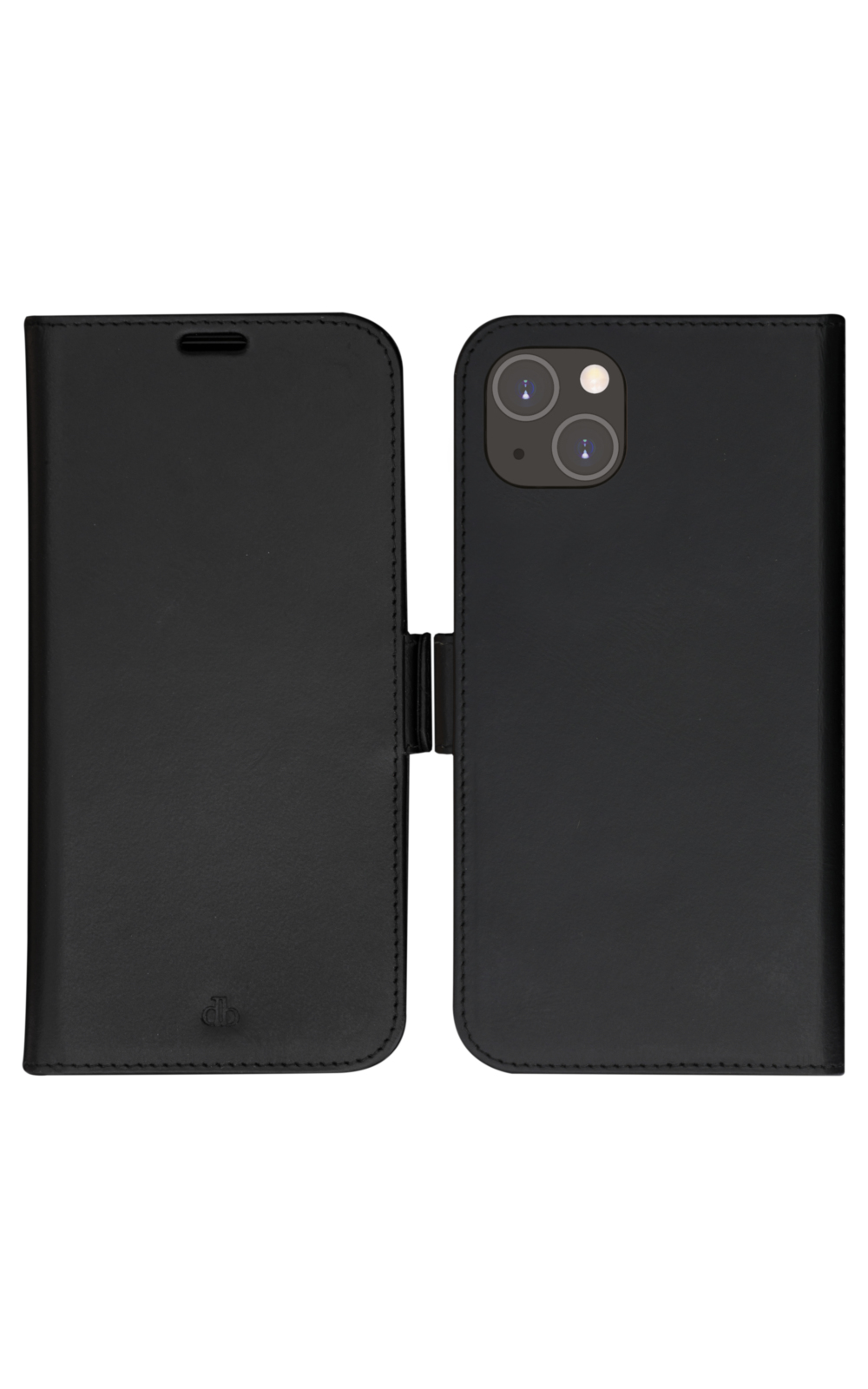Una custodia per telefono in pelle nera, aperta. Il lato sinistro è la cover, il lato destro mostra il telefono. Entrambi sono neri.