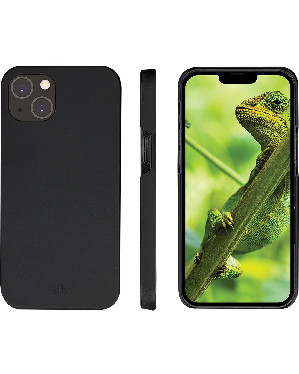 Tre viste di una custodia per telefono. Una vista posteriore, una vista laterale e una con uno schermo che mostra un camaleonte verde.