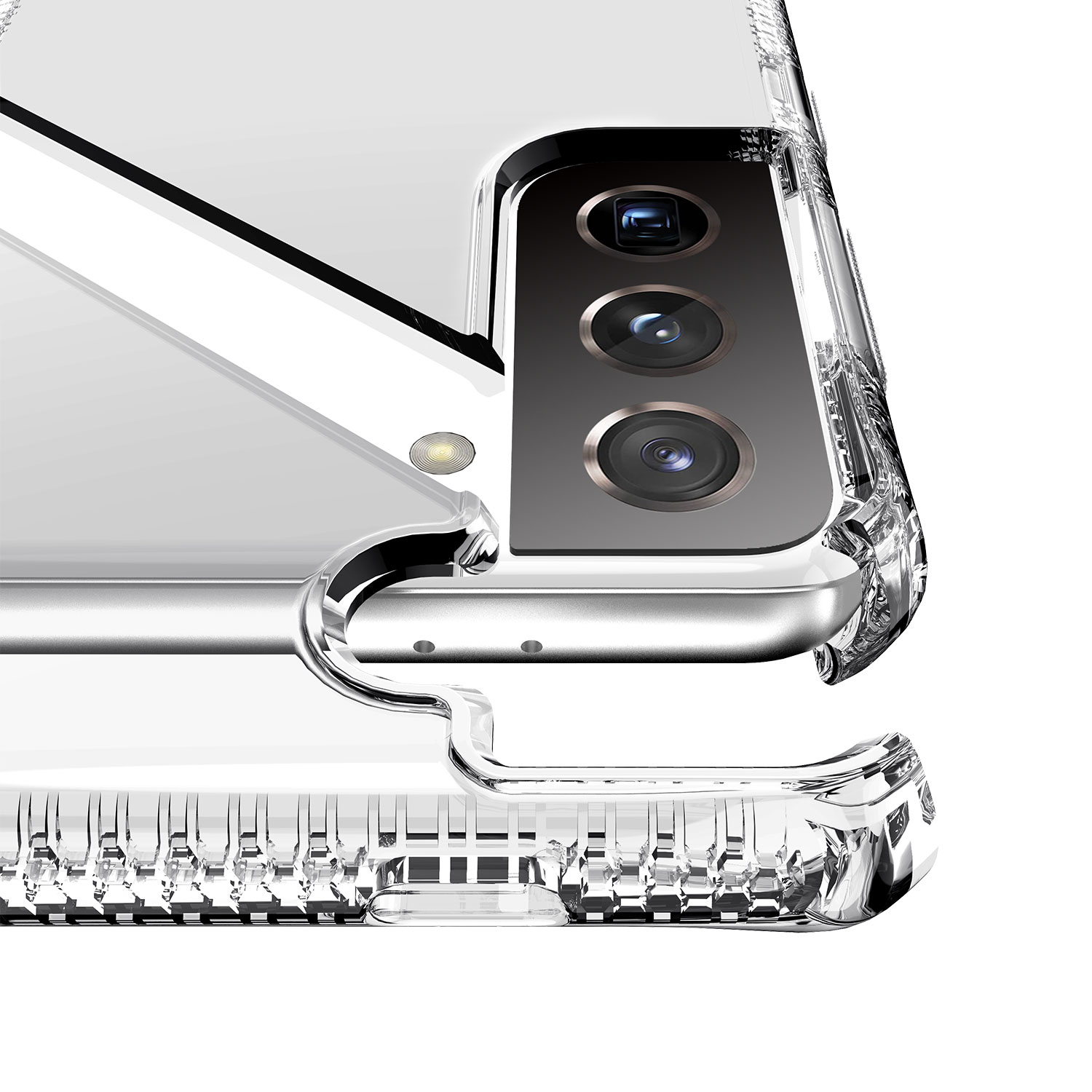 Primo piano di una custodia trasparente per telefono, che rivela le lenti della fotocamera e il flash del telefono. La custodia sembra essere di plastica trasparente.