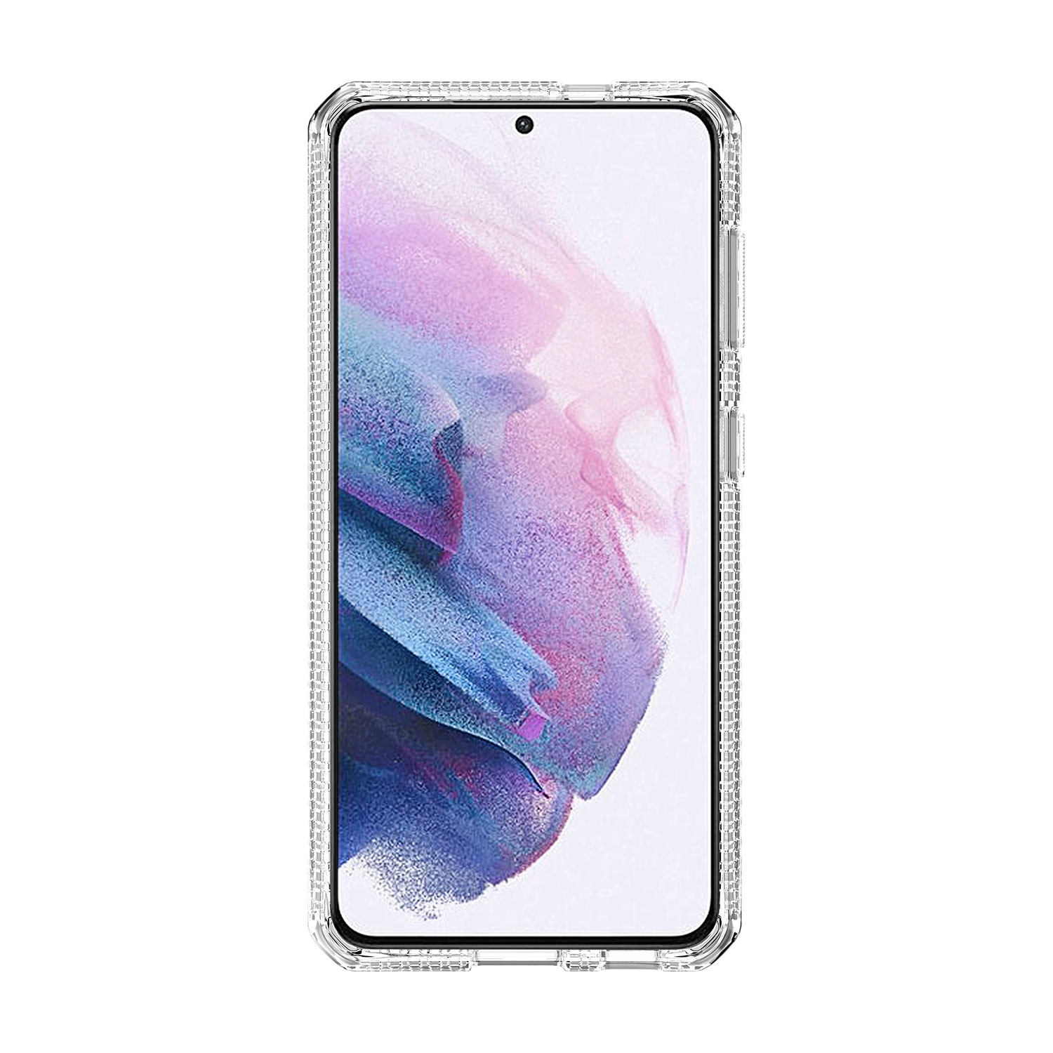 Una custodia trasparente per telefono con un telefono all'interno. Lo schermo mostra un'immagine sfocata e colorata.