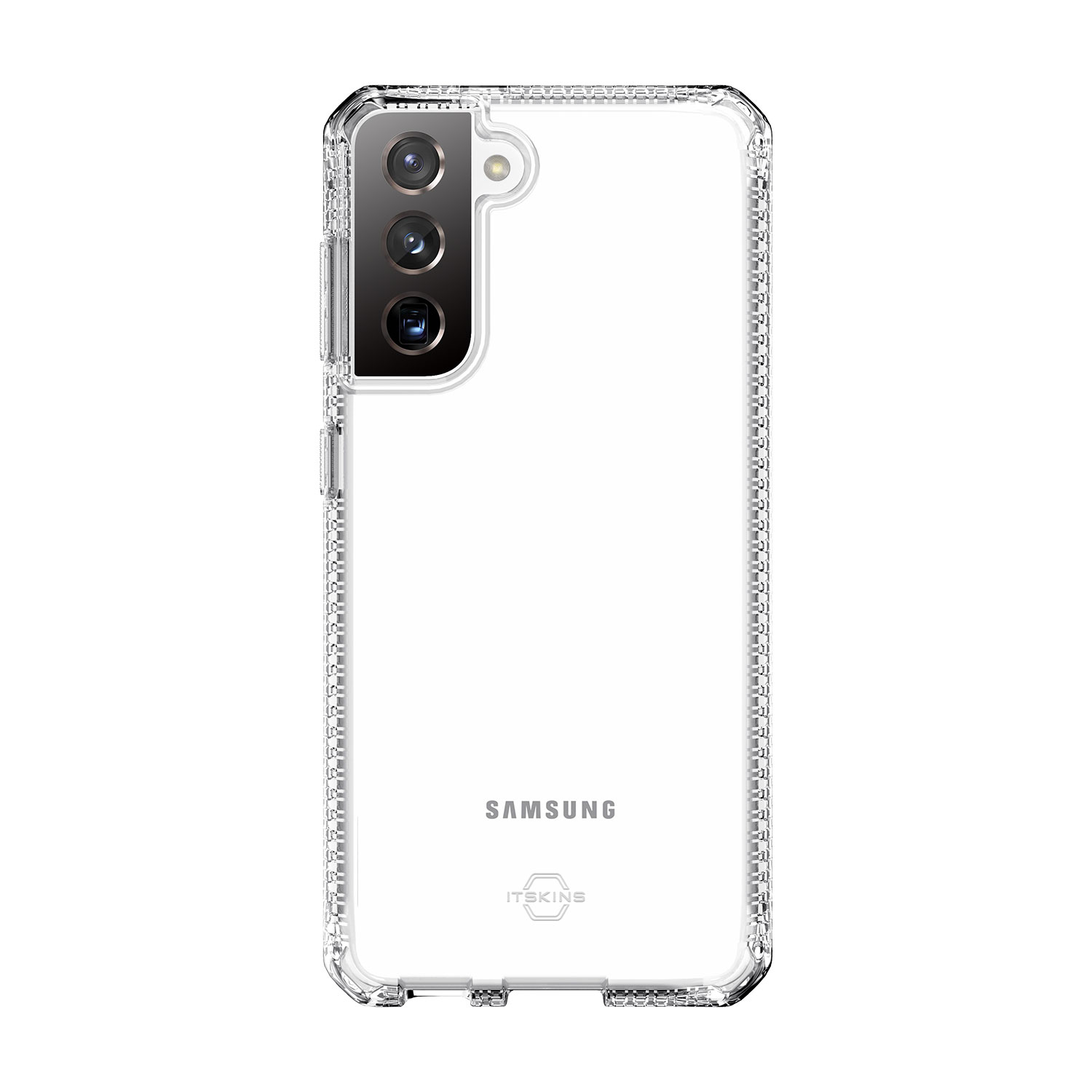 Una custodia trasparente per un telefono Samsung. La custodia ha una cornice protettiva. I loghi Samsung e ITskins sono visibili.