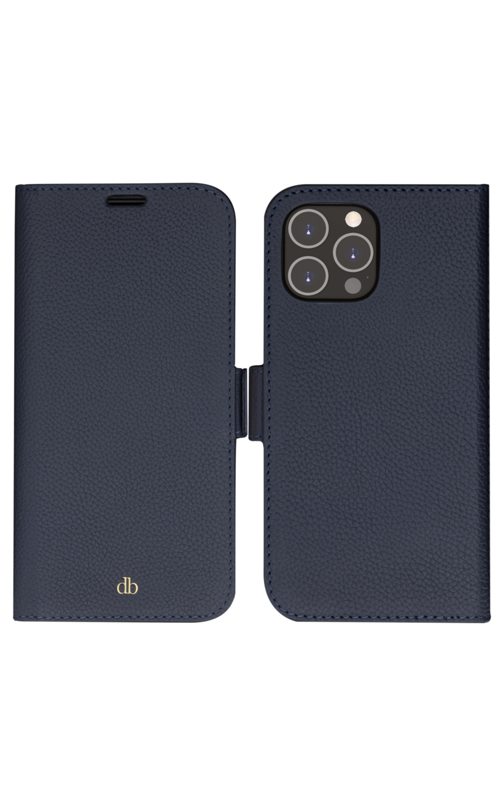 Una custodia per telefono in pelle blu navy, aperta. Ha un ritaglio per la fotocamera e un logo 'db' dorato. La custodia è su sfondo bianco.