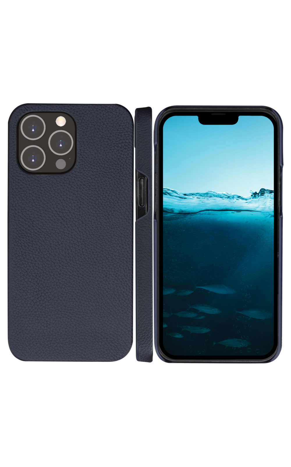 Custodia blu navy con telefono all'interno, che mostra una scena oceanica. La custodia è simile alla pelle.