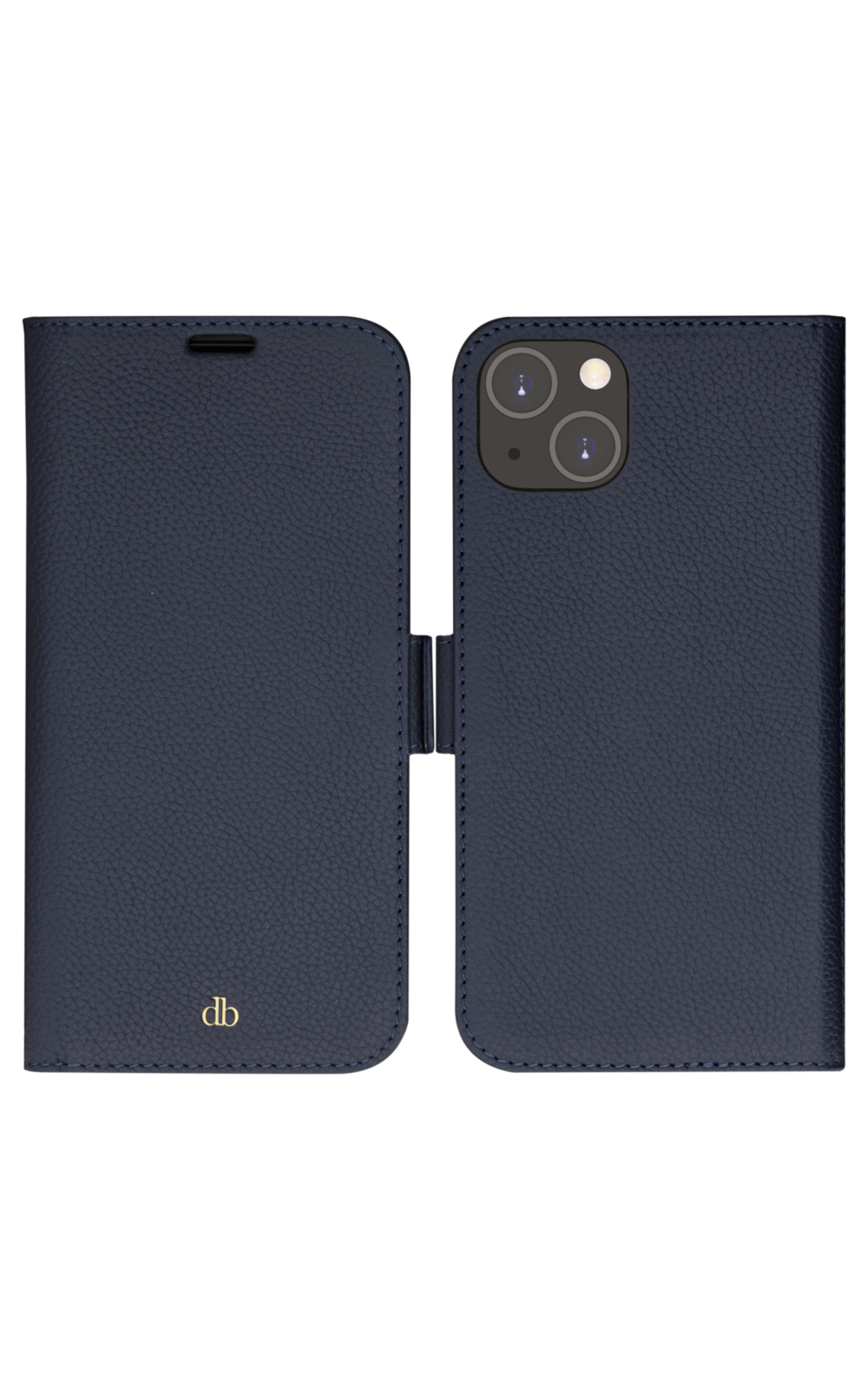 Custodia per telefono in pelle blu navy, aperta. Mostra il telefono con la fotocamera e l'interno della cover con il logo 'db'.